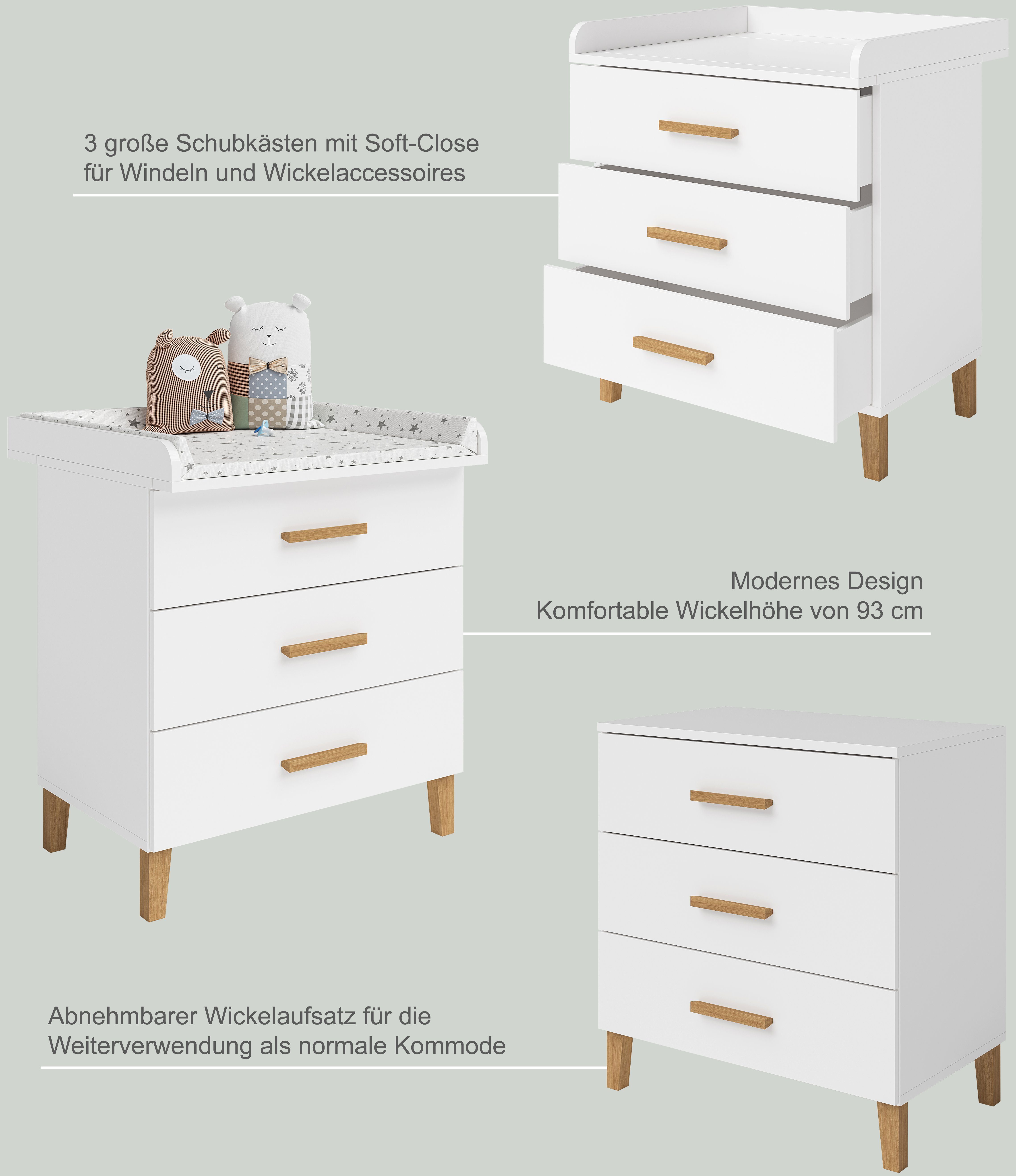 Bellabino Babymöbel-Set Liri, (2-St., Kinderbett, Wickelkommode), höhenverstellbares Babybett, abnehmbarer Wickelaufsatz