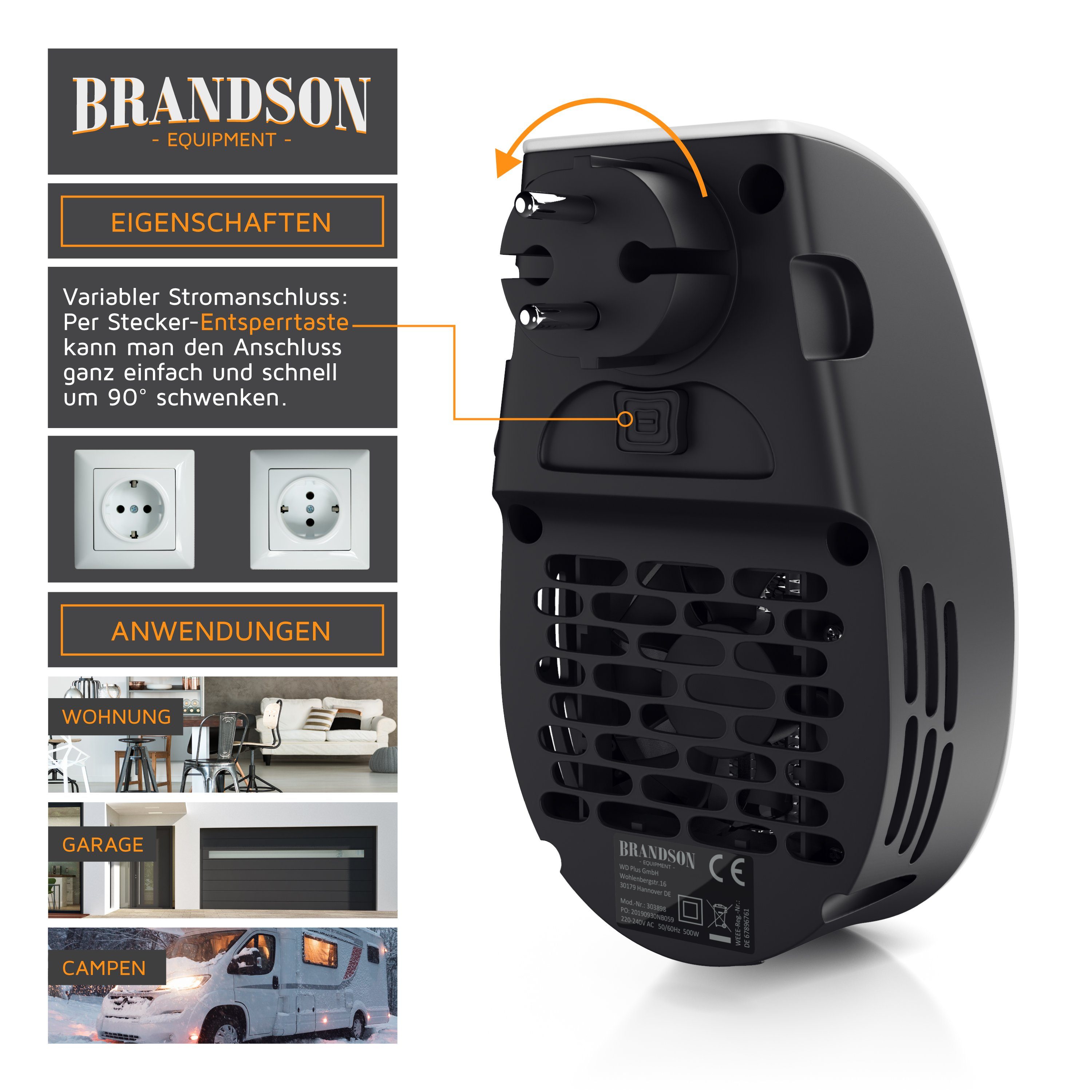 Brandson Keramikheizlüfter, 500 W, Steckdosen Mini Keramikheizgerät mit Temperaturregelung, Fernbedienung
