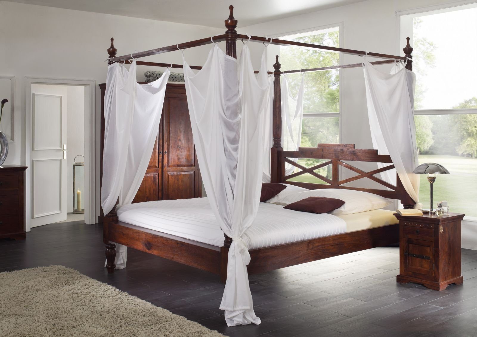 Massivmoebel24 Himmelbett Himmelbett Akazie 160x200x224 nougat lackiert OXFORD #245