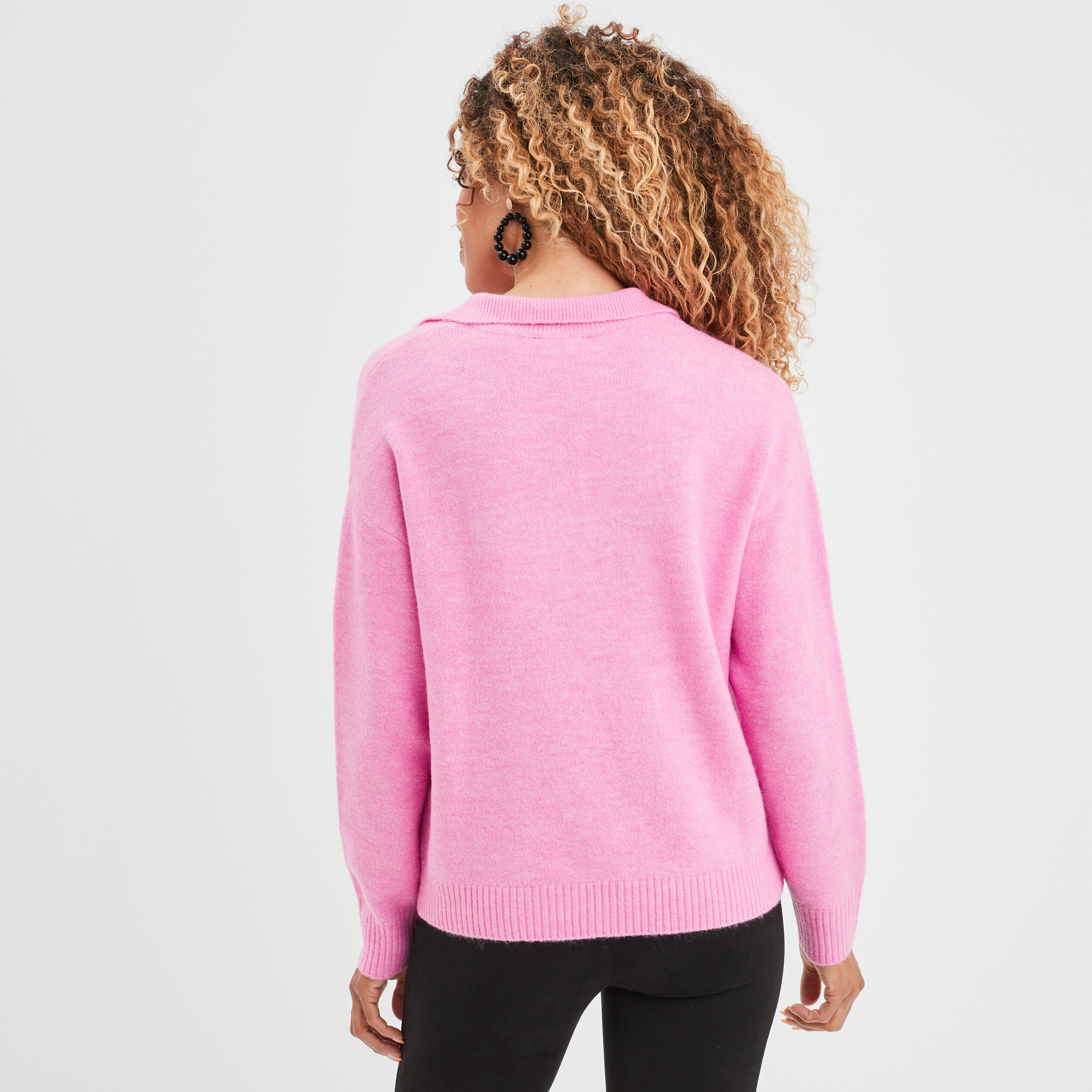Pull col polo manches longues rose femme | La Halle