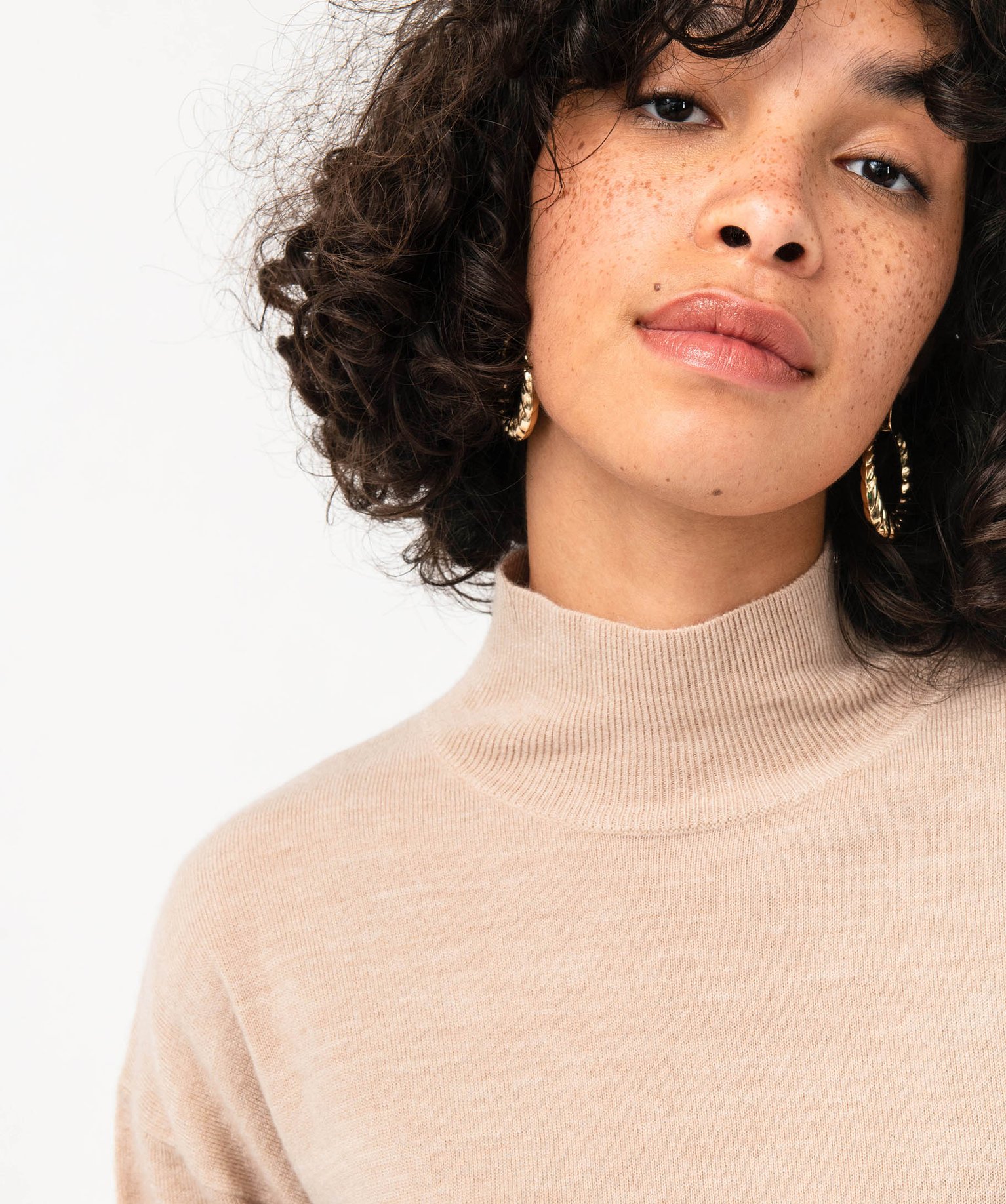 Pull à col montant en maille fine femme beige | GEMO