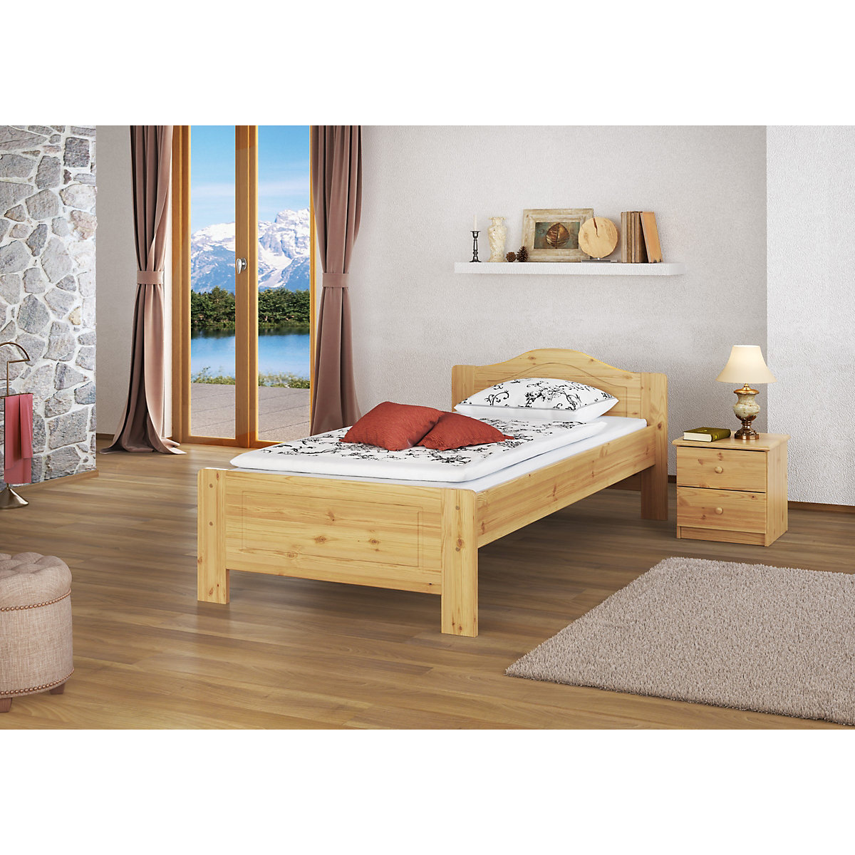 Holzbett Landhaus 90x200 Kiefer mit Rost und Matratze