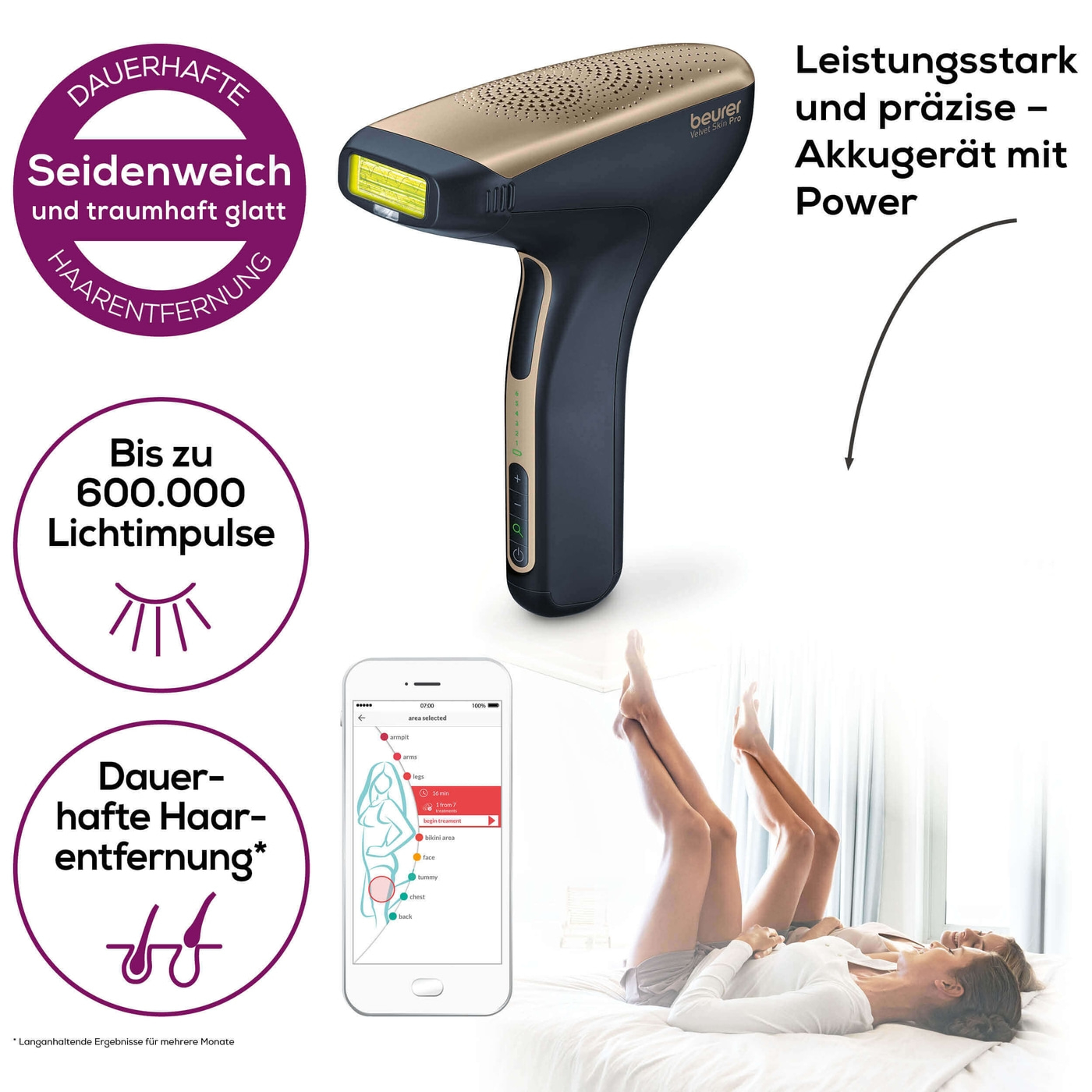 Beurer dauerhafte Haarentfernung IPL VelvetSkinPro Black-IPL Haarentfernungsgerät mit integriertem Akku