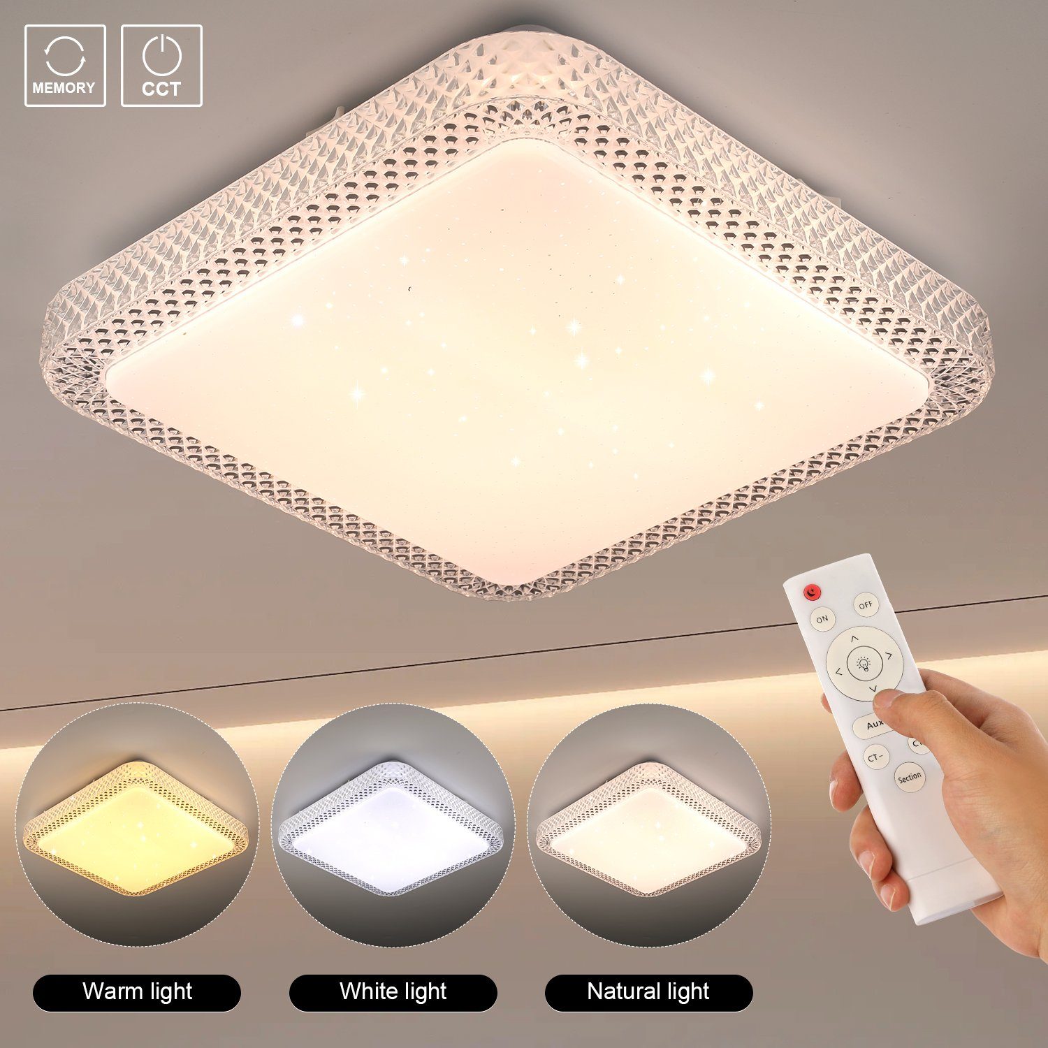 LETGOSPT Deckenleuchte 25W LED Deckenleuchte Dimmbar Kristall Deckenlampe mit Fernbedienung, LED fest integriert, Kaltweiß, Naturweiß, Warmweiß, Schlafzimmerlampe Ø29cm, Modern Sternenhimmel Quadrat Deckenbeleuchtung