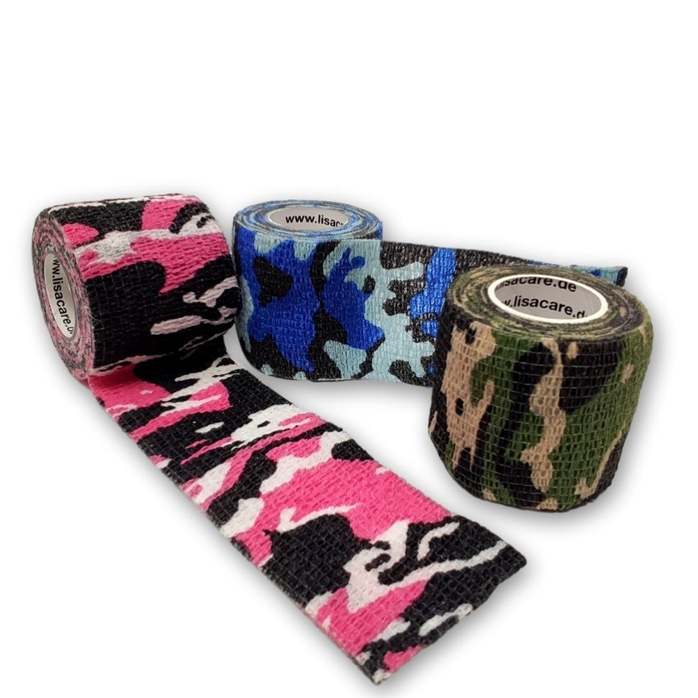 LisaCare Wundpflaster Selbstklebender Pflasterverband - Kohäsiver Verband/Bandage (Set, 3 St., 1 x Camo-Blau, Grün & Rosa / 5cm x 4,5m), Medizinisch Zertifiziert!