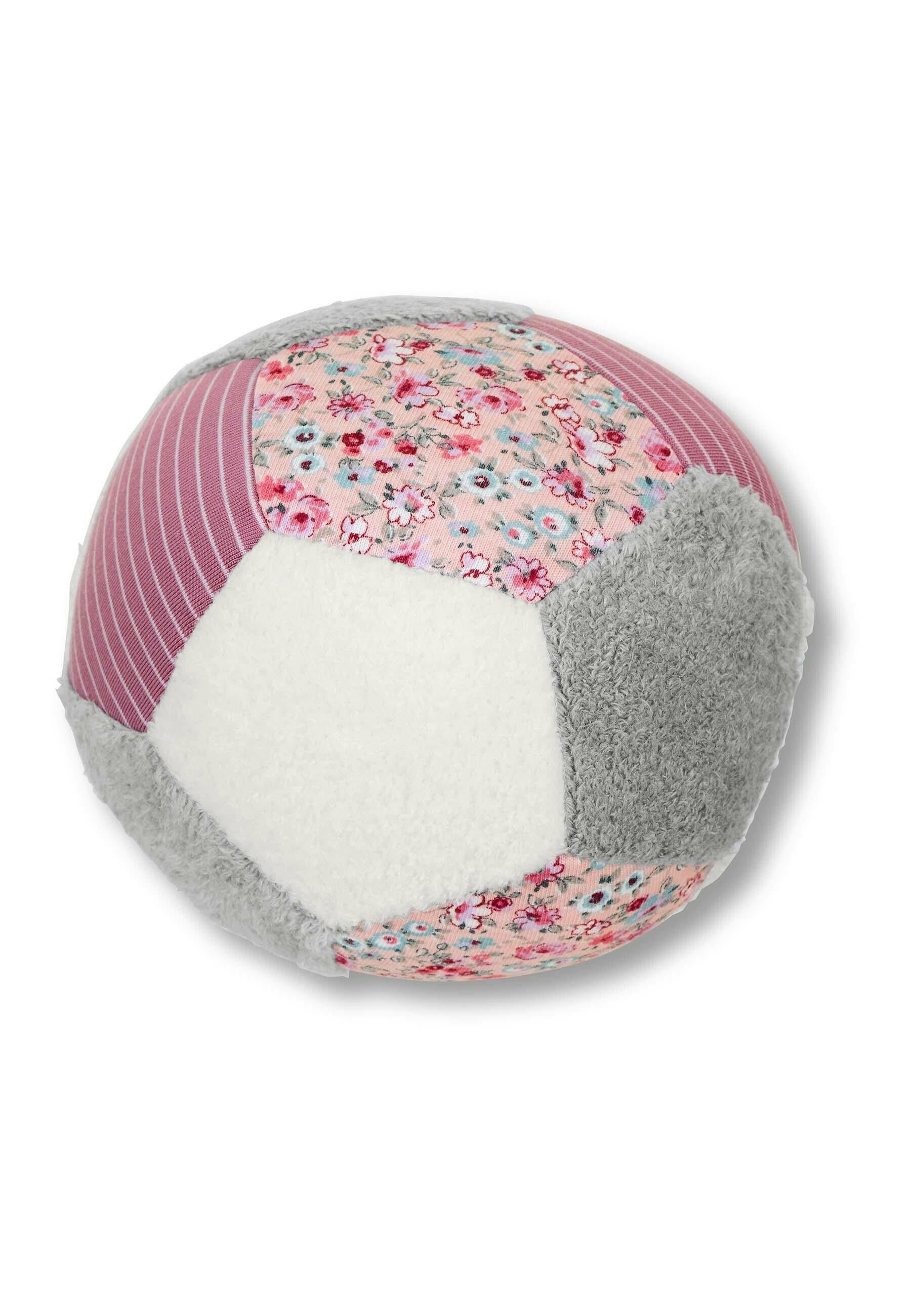 Ball aus Stoff in Rosa/grau, 11 cm groß mit Rassel