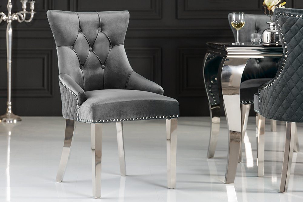 riess-ambiente Polsterstuhl CASTLE DELUXE grau / silber (Einzelartikel, 1 St), Esszimmer · Samt · Edelstahl · mit Löwenkopf-Griff · Barock Design
