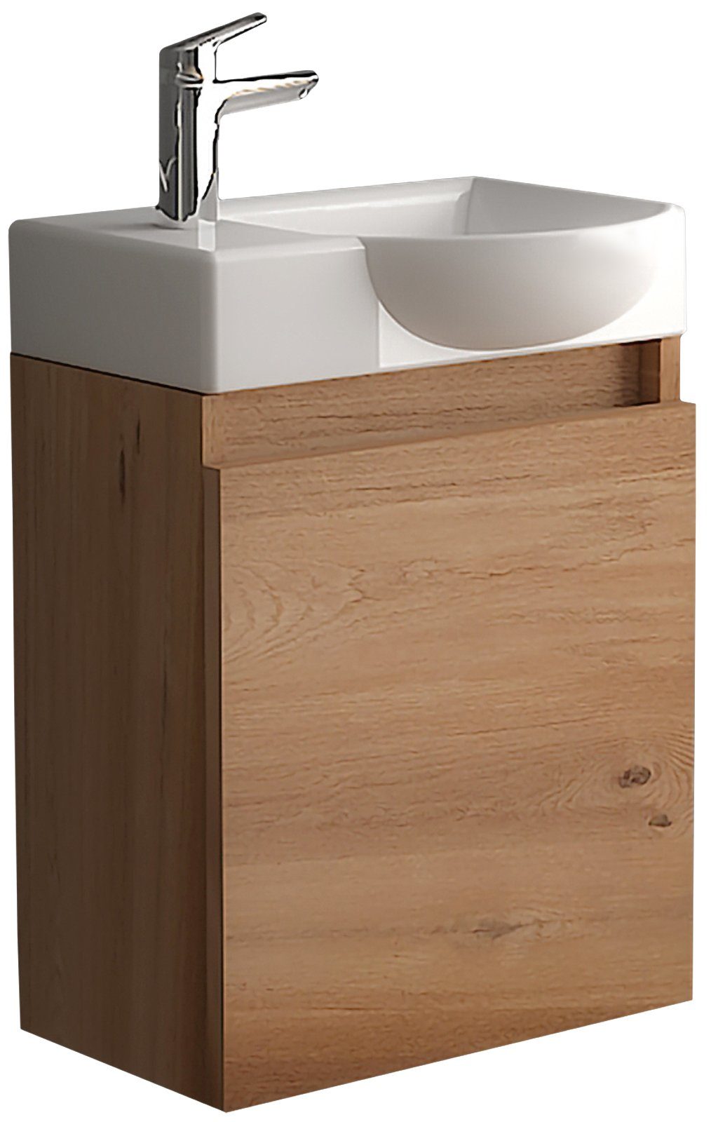 Alpenberger Badmöbel-Set Badschrank in Bamboo Optik mit Keramik Waschbecken, (2-tlg., Badmöbel Set Vormontiert), Eckig ovales Becken mit Überlauf, eintüriger Badschrank mit Softclose