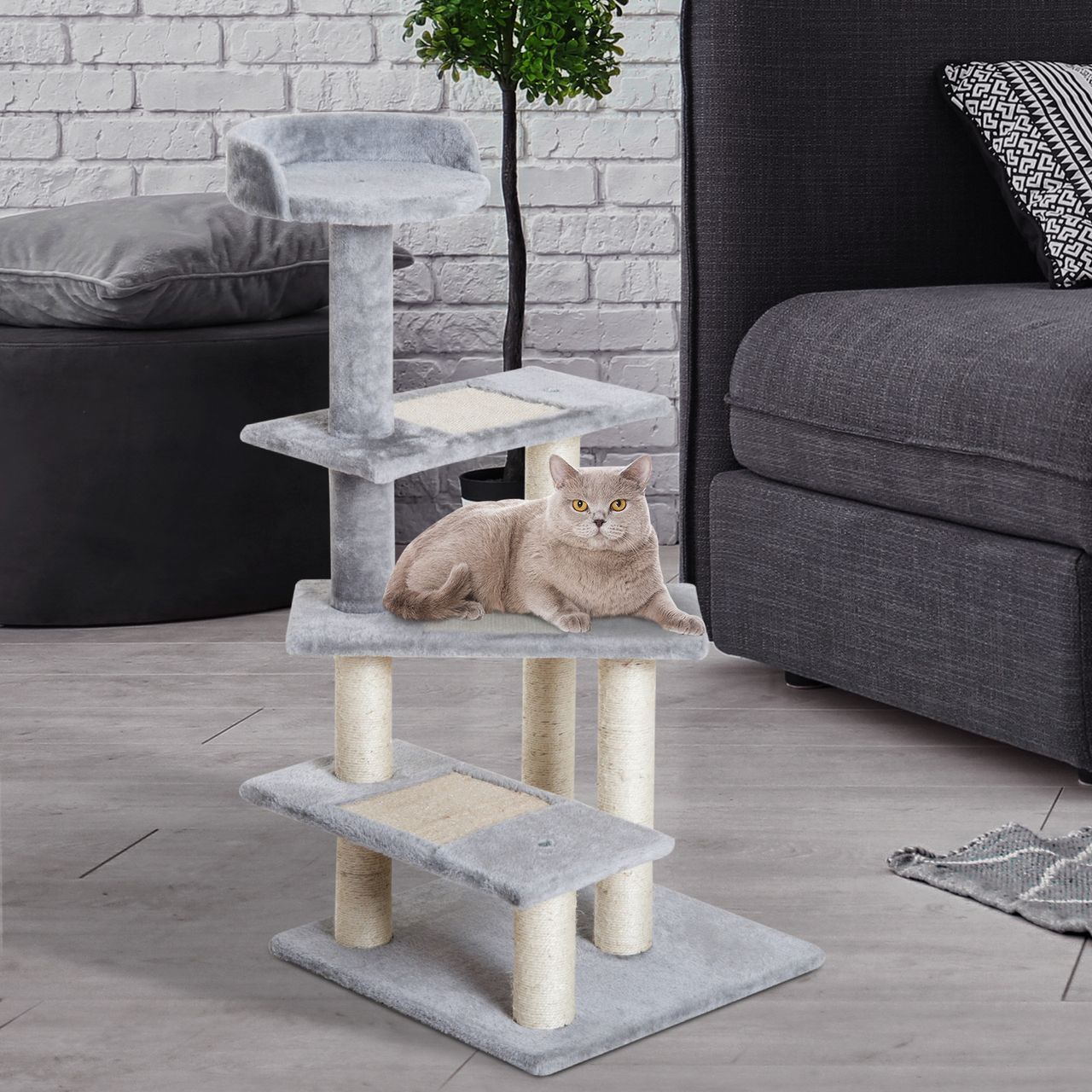 PawHut Kletterbaum Katzenbaum Spielbaum Katzenkratzbaum Treppe 5 Schichte Beige Grau 48 x 48 x 99,5 cm (LxBxH)