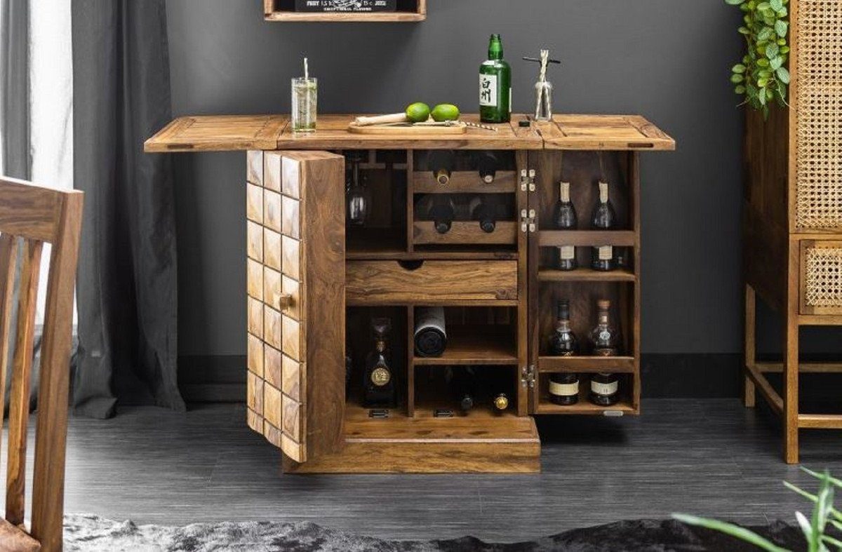 Casa Padrino Barschrank Designer Barschrank Naturfarben / Braun 65-130 x 50 x H. 90 cm - Moderner Massivholz Weinschrank mit 2 Türen und Schublade - Barmöbel