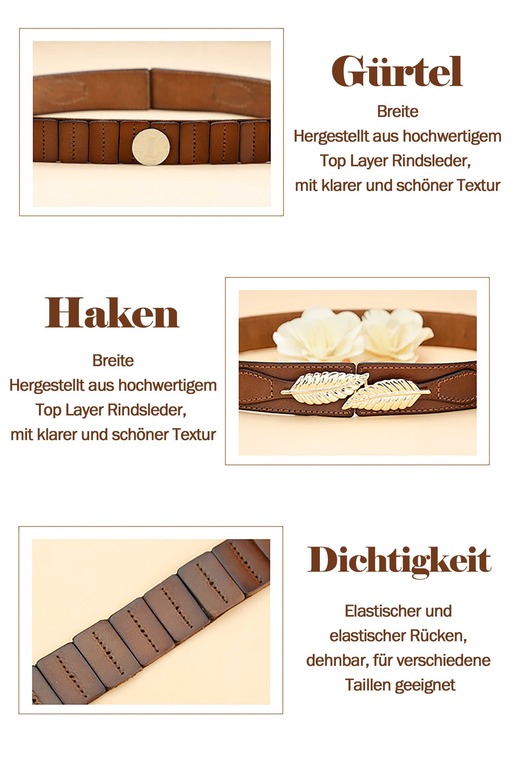 KUGI Taillengürtel Damengürtel, elastische Gürtel, für Kleider, Hemden (Anzüge, Mäntel, können aufeinander abgestimmt werden Metallschnalle Passend) für Taille 68-80cm Doppeltes Rindsleder