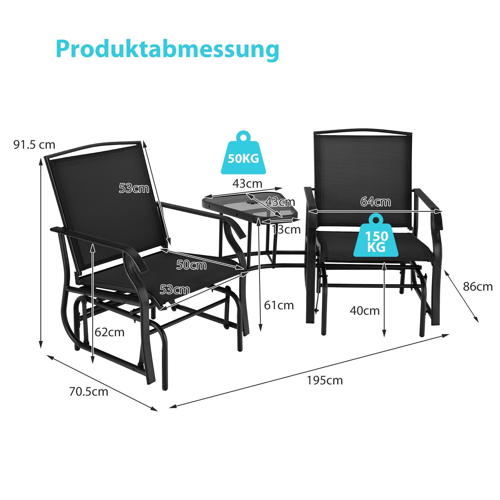 COSTWAY Balkonset, 2 Sitzer Schaukelstuhl, mit Tisch & Schirmloch, 150kg