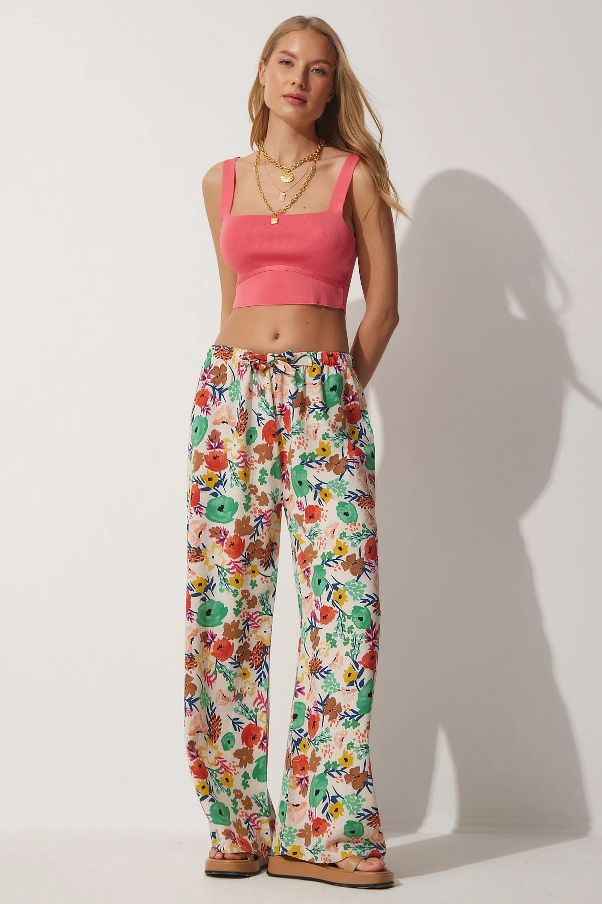 Happiness İstanbul  Damen-Palazzo-Hose aus Leinen in Beige und Grün mit Blumenmuster BH00385