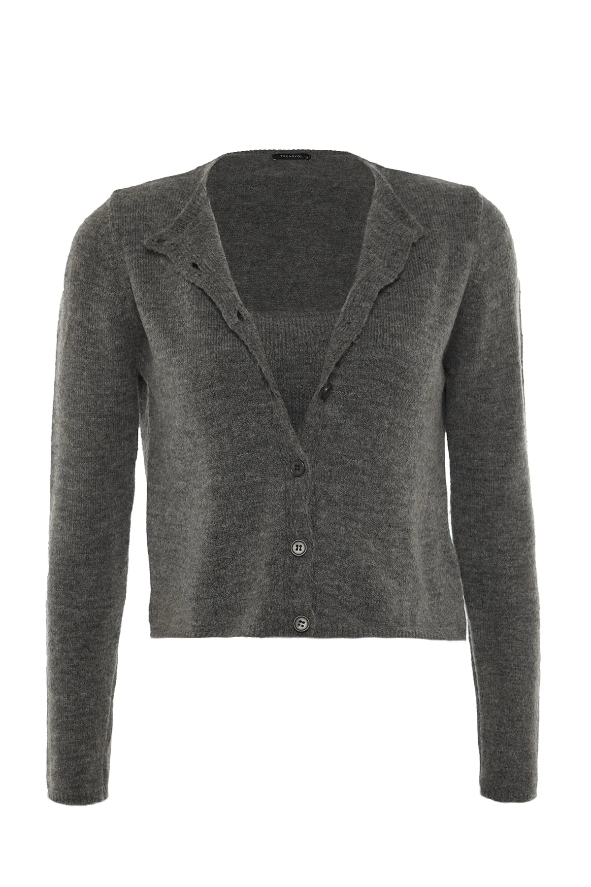 Trendyol Collection  Anthrazit Kurzes, weich strukturiertes Blusen-Cardigan-Strickset Strickcardigan TWOAW21HI0107