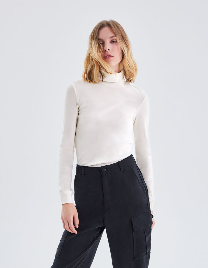 Tee-shirt col montant manches longues écru femme