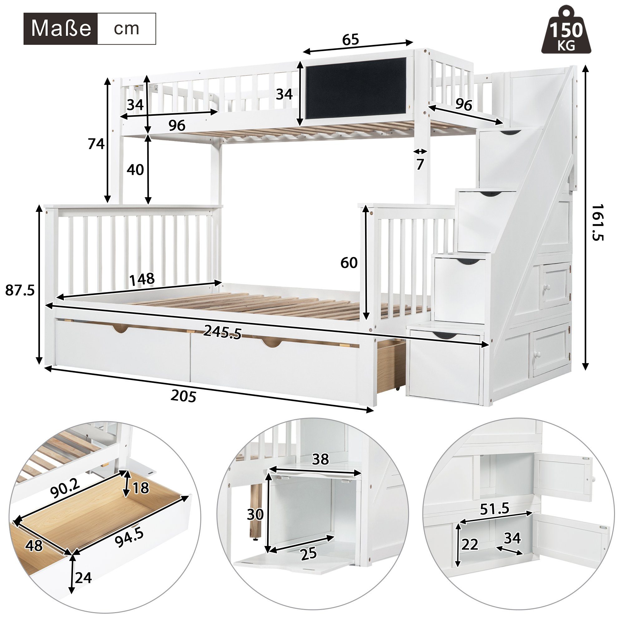 OKWISH Etagenbett Kinderbett, mit Tafel Treppe Schubladen 90x200cm+140x200cm