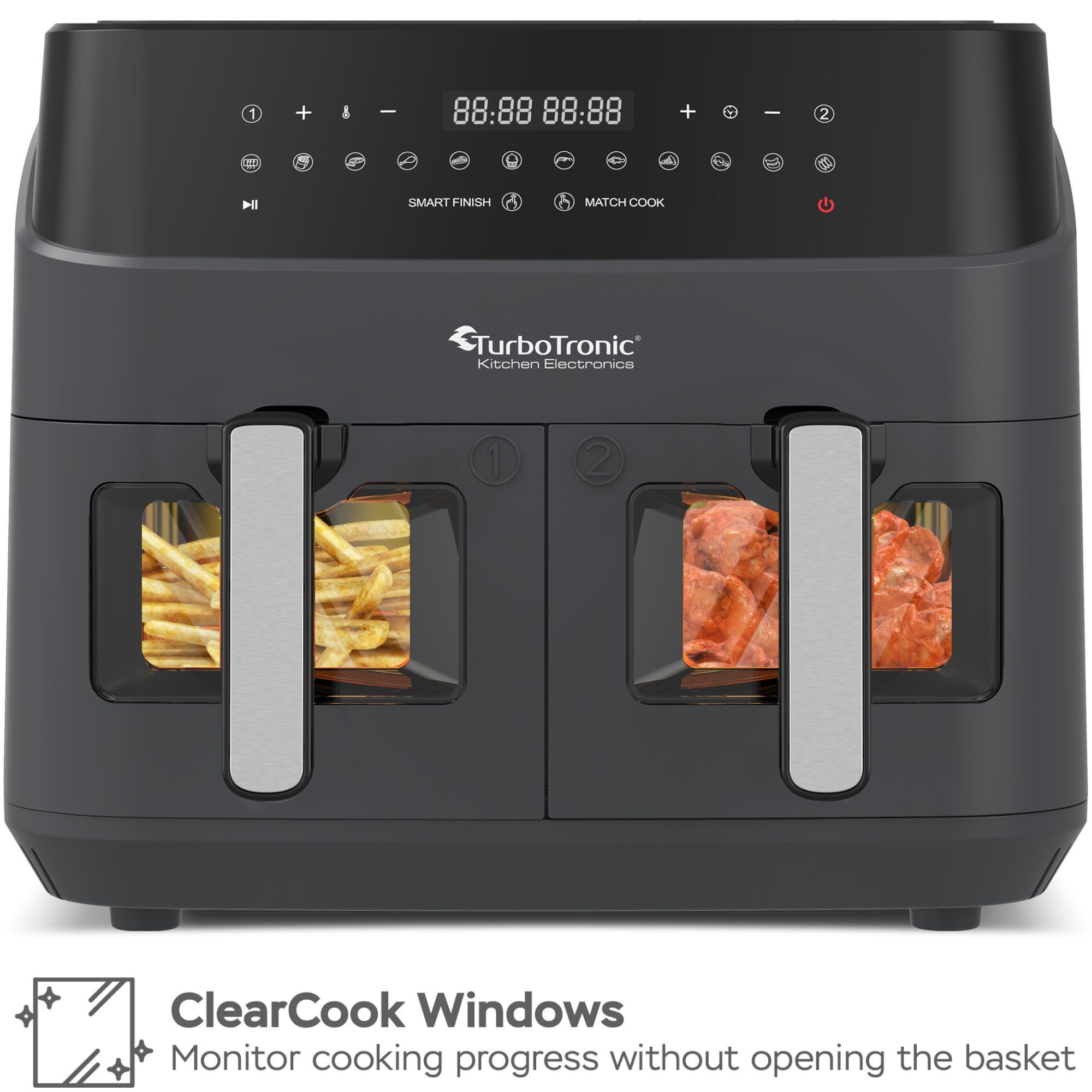 TurboTronic by Z-Line Heißluftfritteuse XXL Doppelkammer 2x 4,5 Liter, 50°C - 200°C, Power, dual, Camping, 1600 W, Fritteuse ohne Fett, digitaler doppel Airfryer Fettfrei