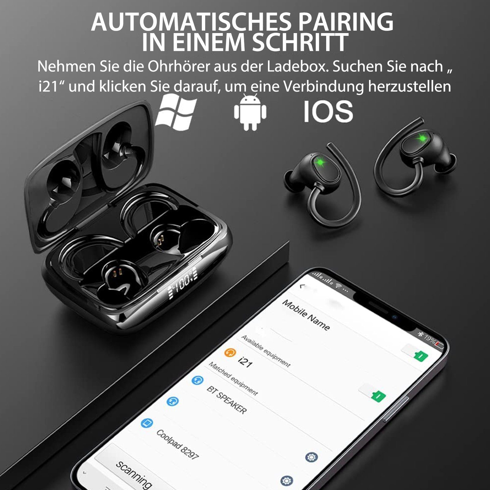Yuede Bluetooth 5.3 Sportkopfhörer, Earbuds Kabellos mit Ohrbügeln In-Ear-Kopfhörer (Immersives HIFI-Stereo, Bluetooth Kopfhorer mit LED-Ladebox, ENC HD Anruf, Rauschunterdruckung, CVC8.0)