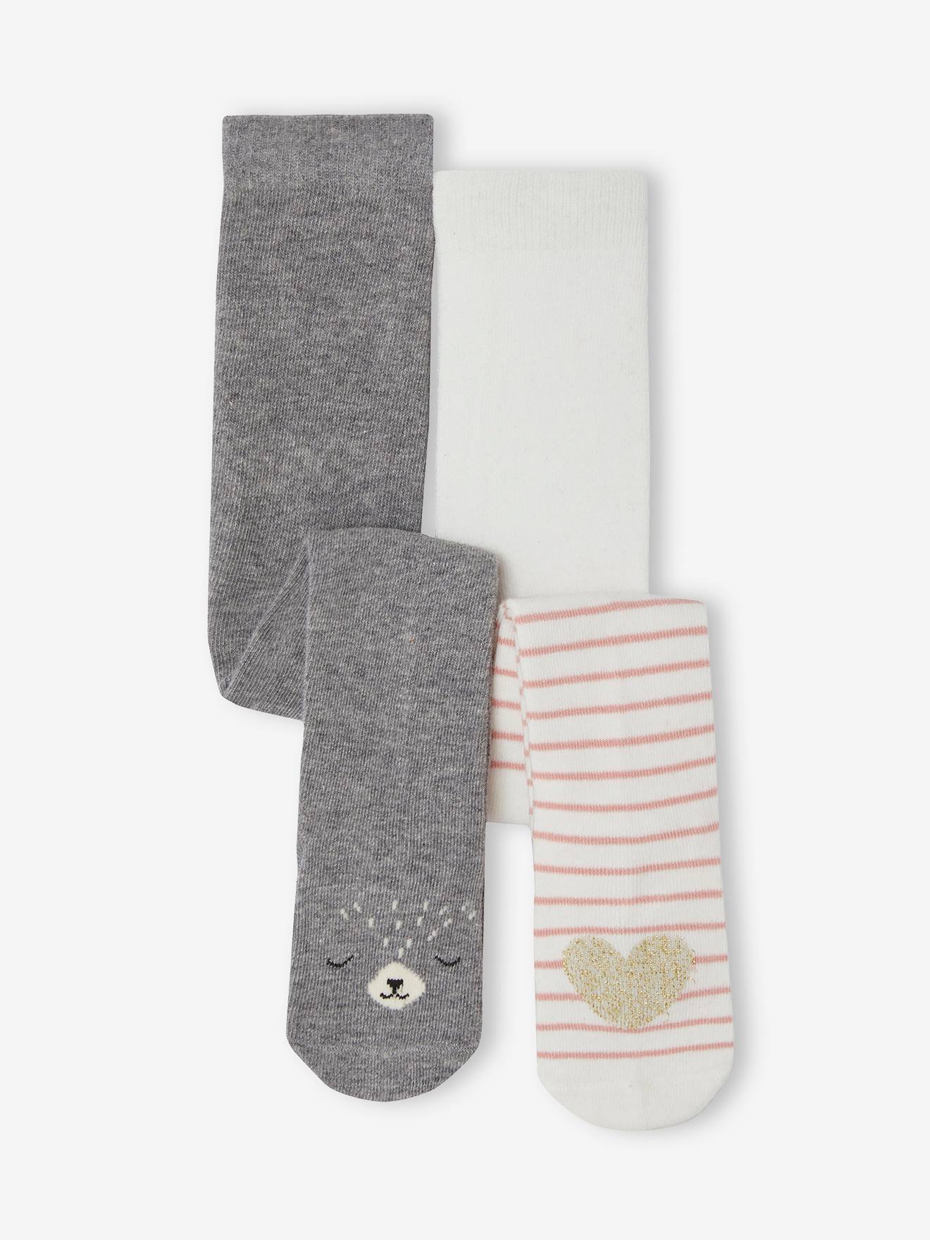 Lot de 2 paires de collants coeurs/animaux bébé fille gris ardoise