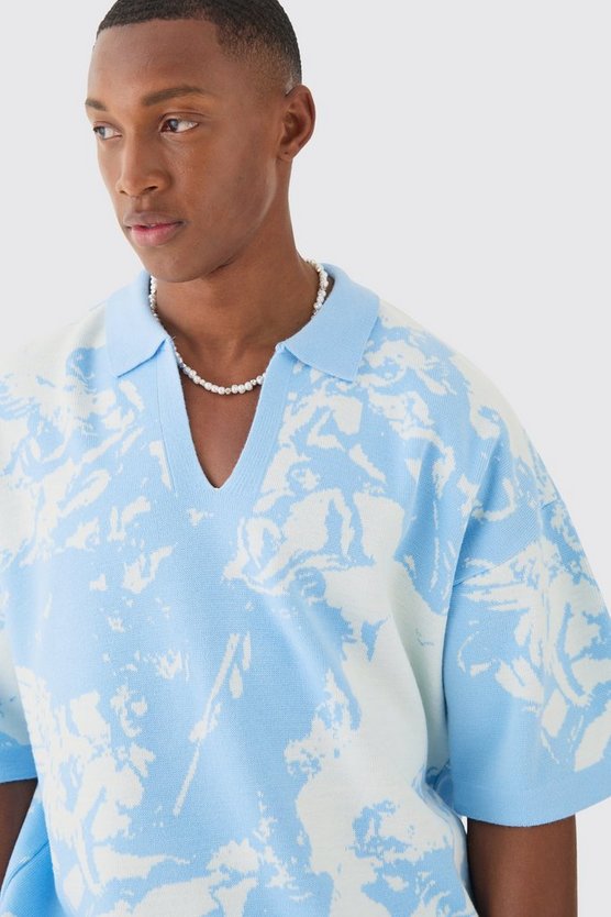 Kastiges Oversize Strick-Poloshirt mit Renaissance-Print