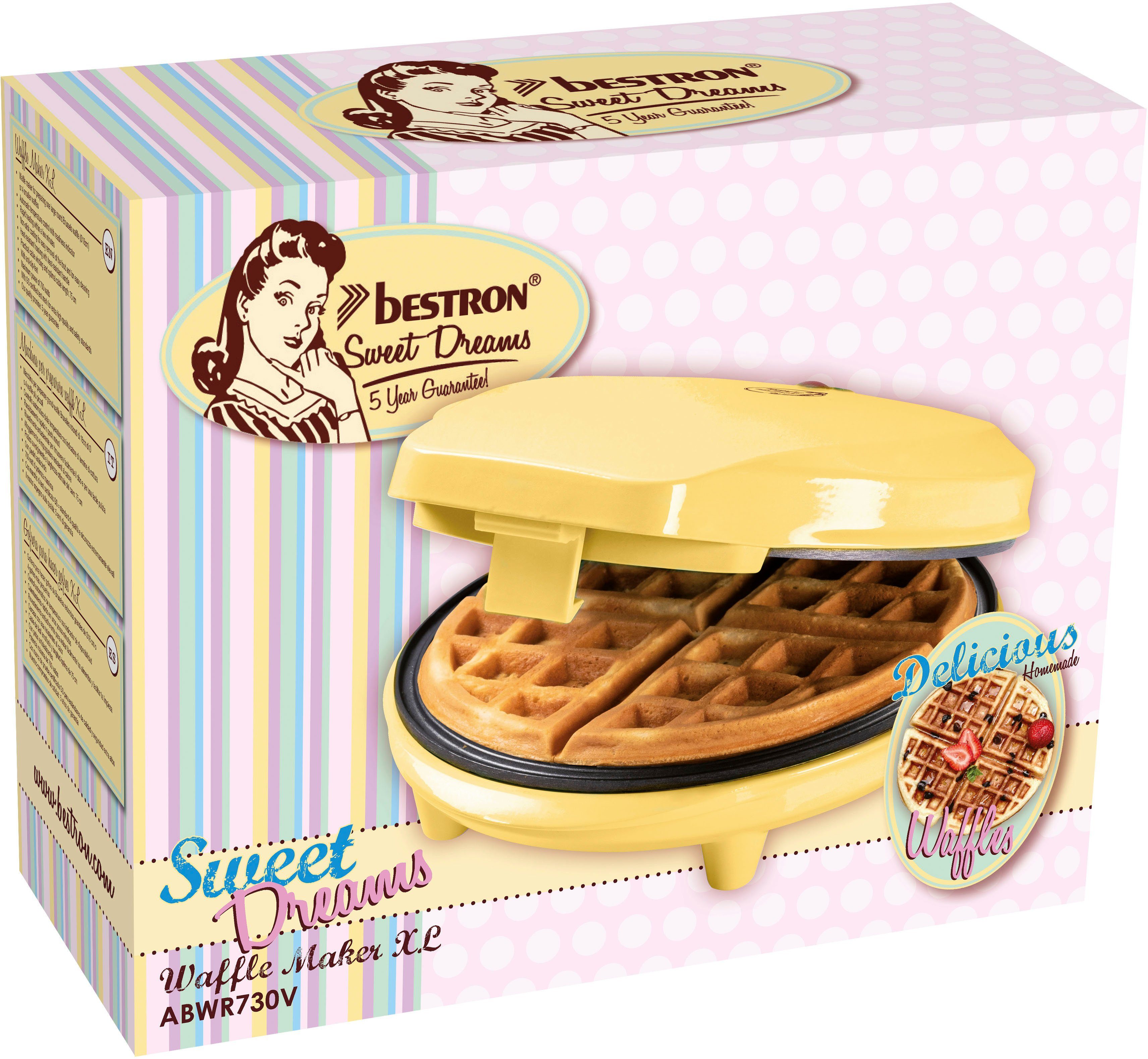 bestron Waffeleisen ABWR730V für eine XL Brüsseler Waffel Ø 18cm, 700 W, mit Backampel & Antihaftbeschichtung, Gelb