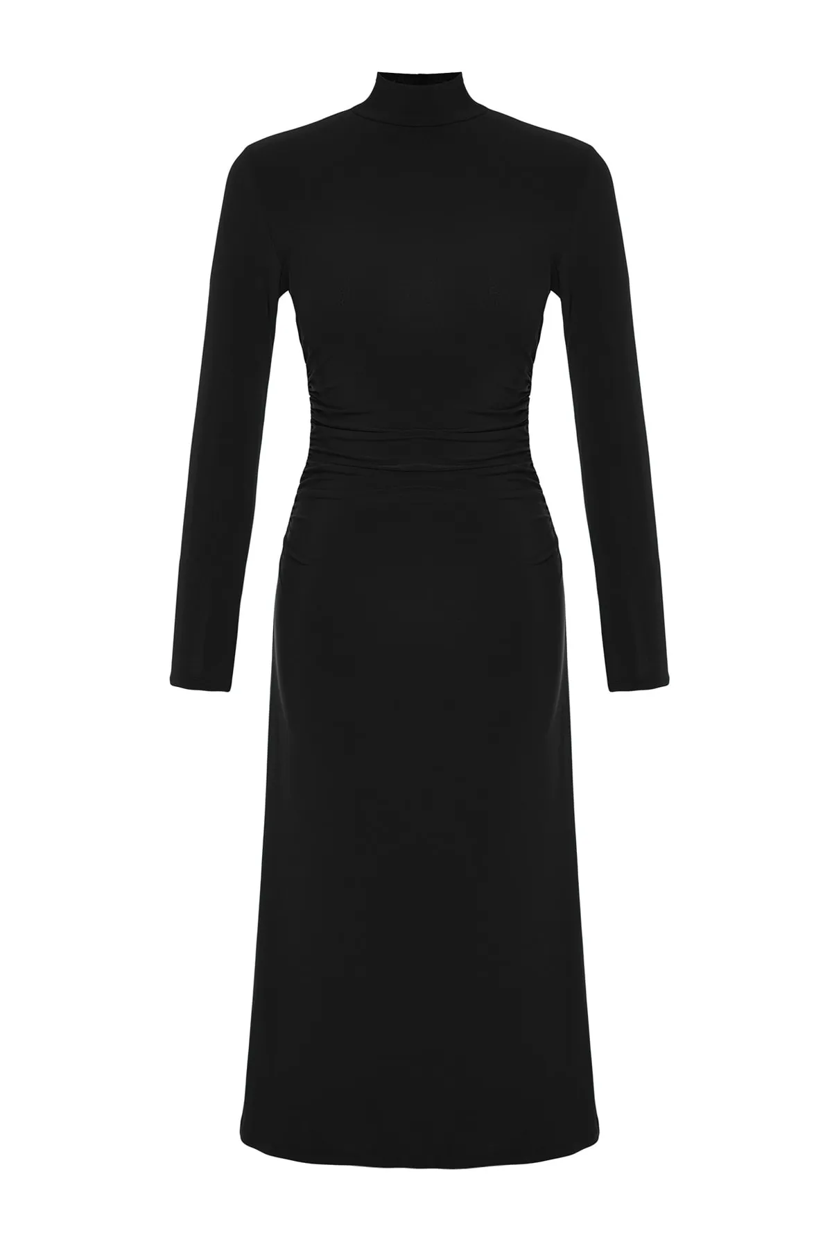 Trendyol Collection  Schwarzes, drapiertes, detailliertes, flexibles Midi-Strickkleid in A-Linie mit hohem Kragen TWOAW24EL00133