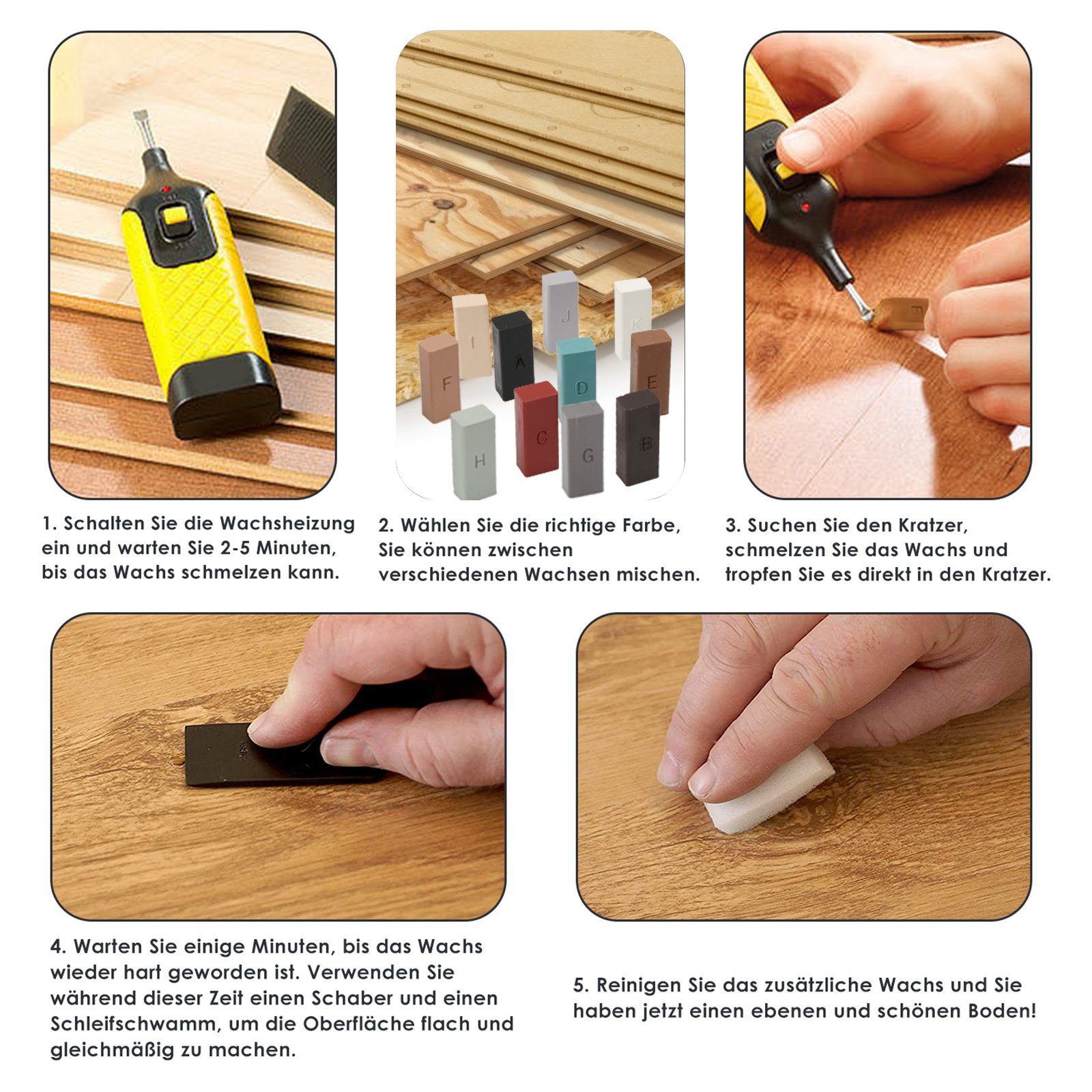 Clanmacy Holz Bodenfliese Boden Reparaturset Fliesen Reparaturset Laminat Parkett Kork, Farbe, Set, 11 Farbtöne Inkl, Wachsschmelzer Hobel Schleifschwamm