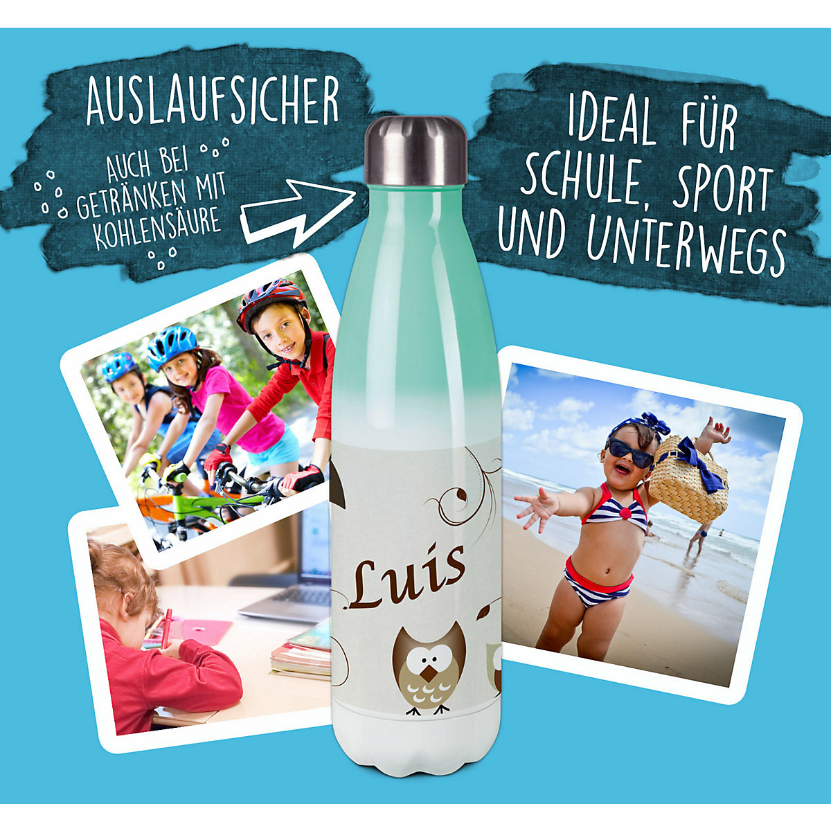Edelstahl Kinder Thermoflasche / Trinkflasche bunt Eule Farbe beige Spülmaschinenfest, Auslaufsicher, Bruchfest, Doppelwandig, Für Heißgetränke geeignet, Mit Deckel, Isoliert