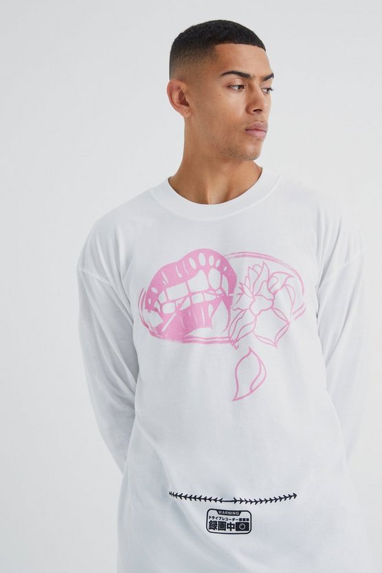 Langärmliges Oversize T-Shirt mit Rosen-Print