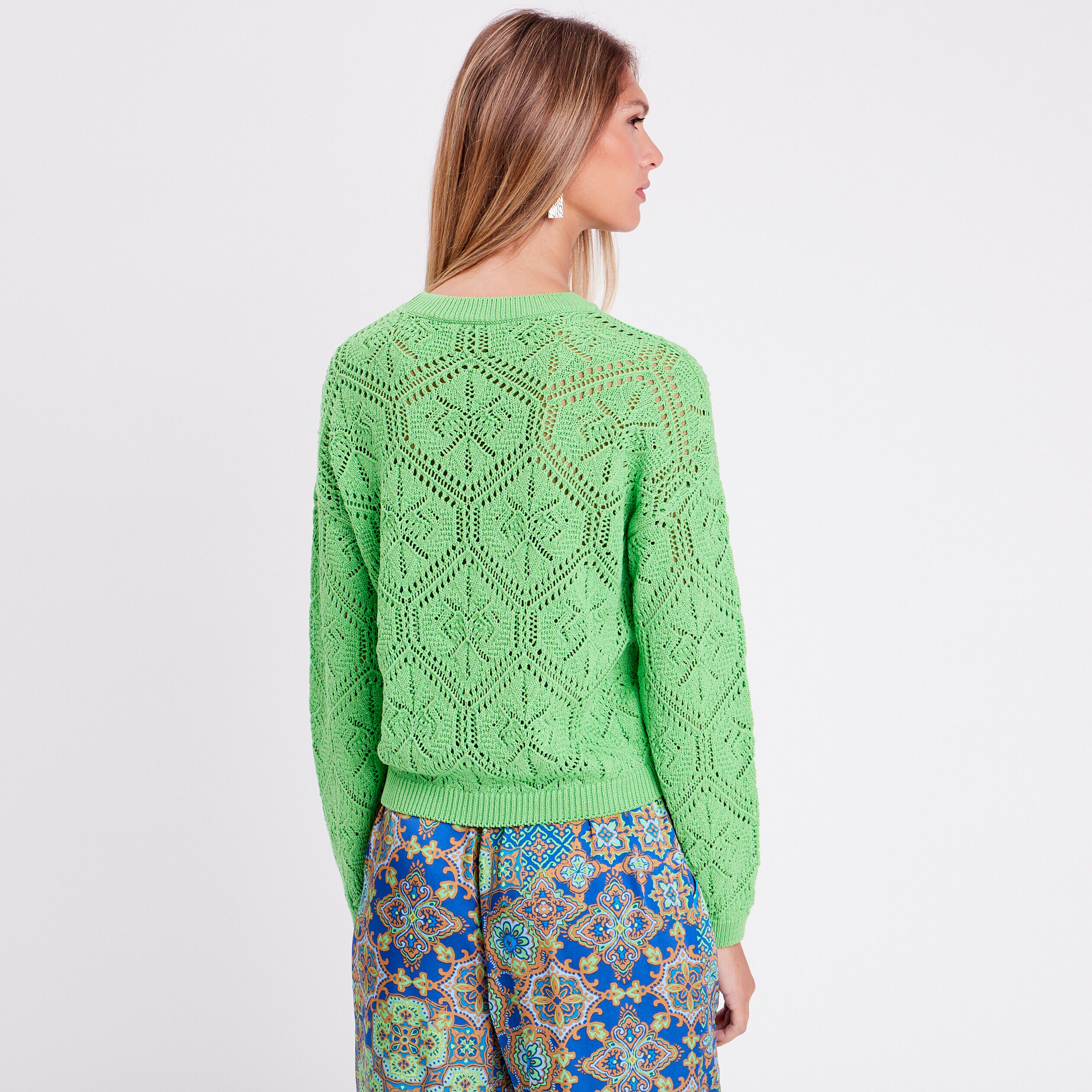Pull ajouré col rond vert femme | Cache Cache