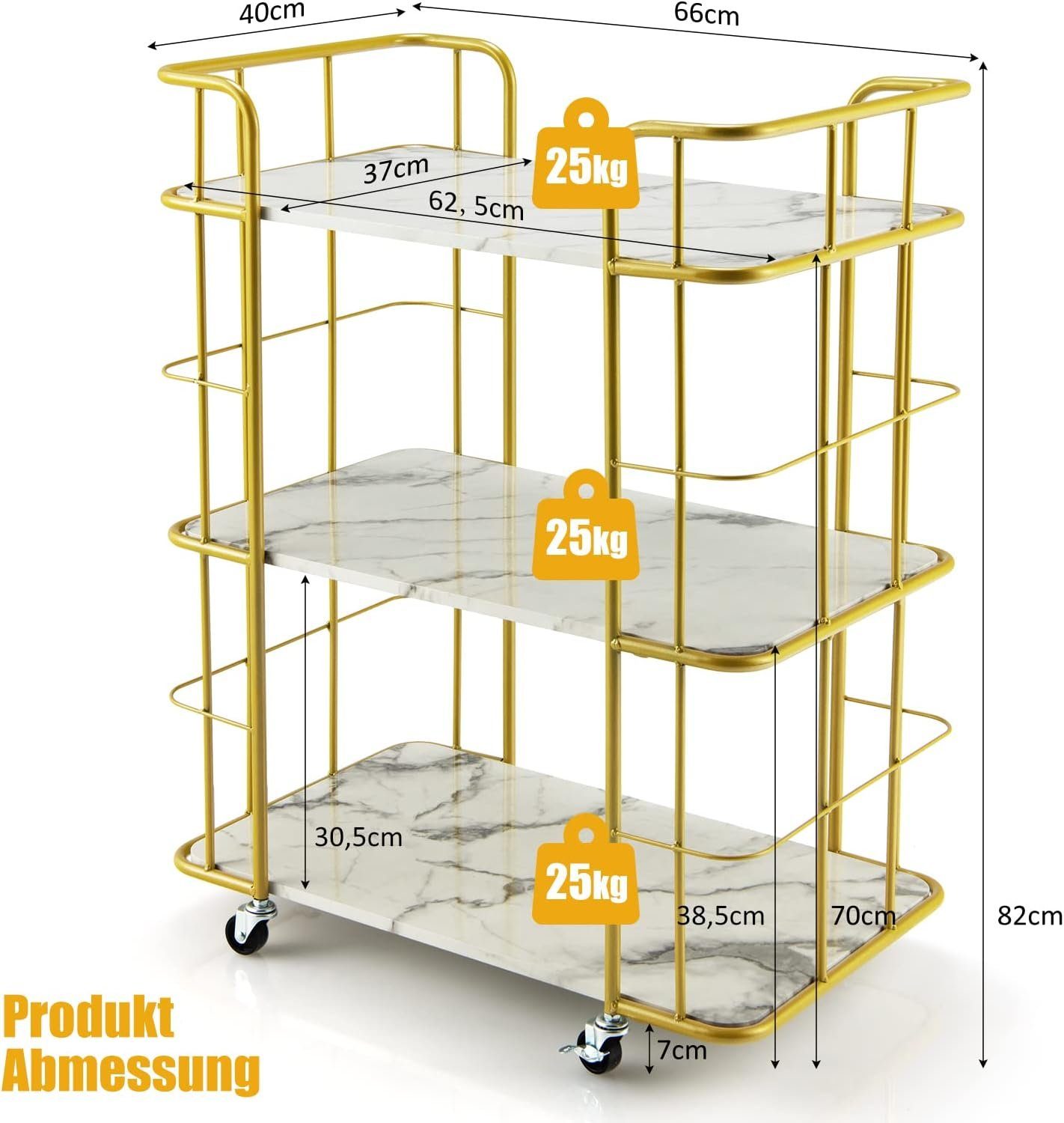 KOMFOTTEU Servierwagen 3-stöckiger Rollwagen, 66 x 40 x 82 cm
