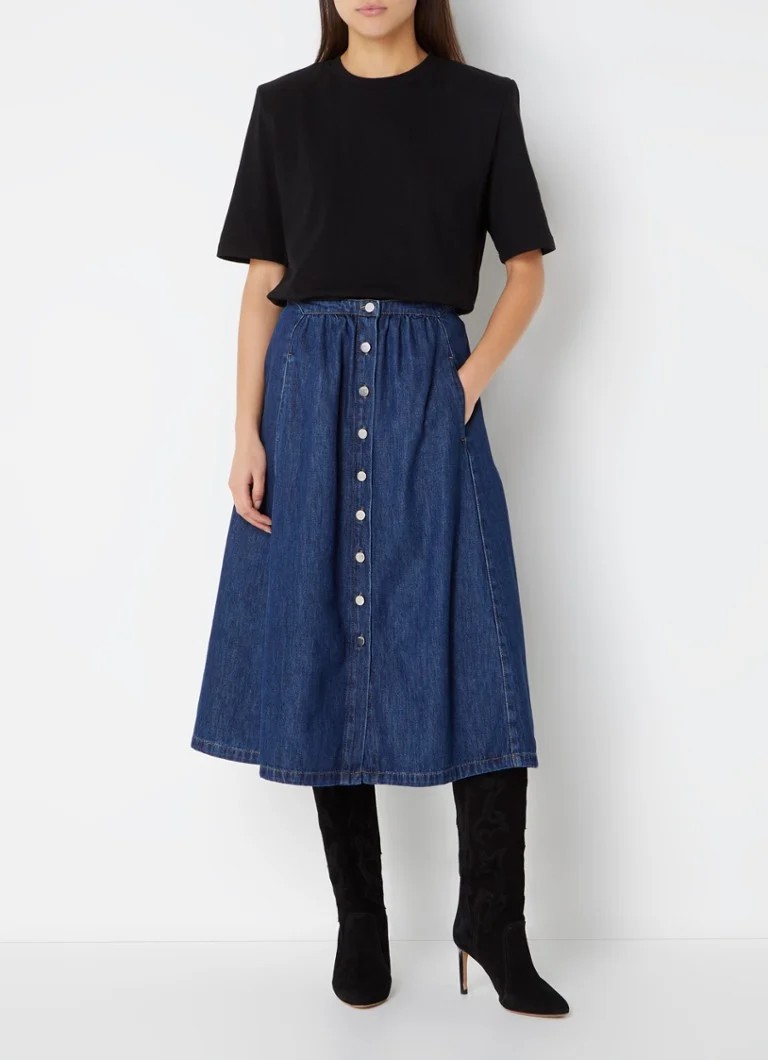 Fustă midi din denim Ba&sh Cowie cu buzunare laterale