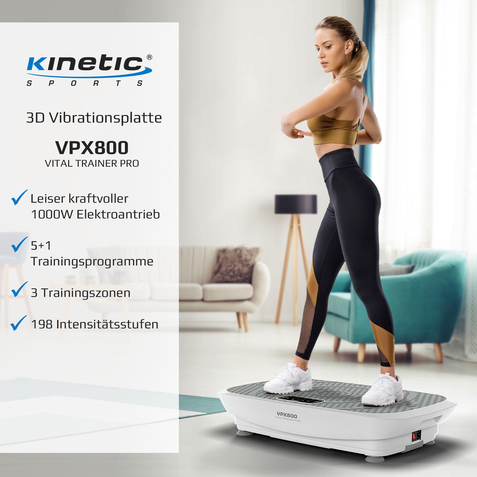 Kinetic Sports Vibrationsplatte VPX800, 1000,00 W, 198 Intensitätsstufen, (Vibrationsplatte 2 Motoren mit Trainingsbänder und Übungsposter), Intensitätsstufen 198, Vibrationstyp 3D, Fernbedienung & Trainingsband