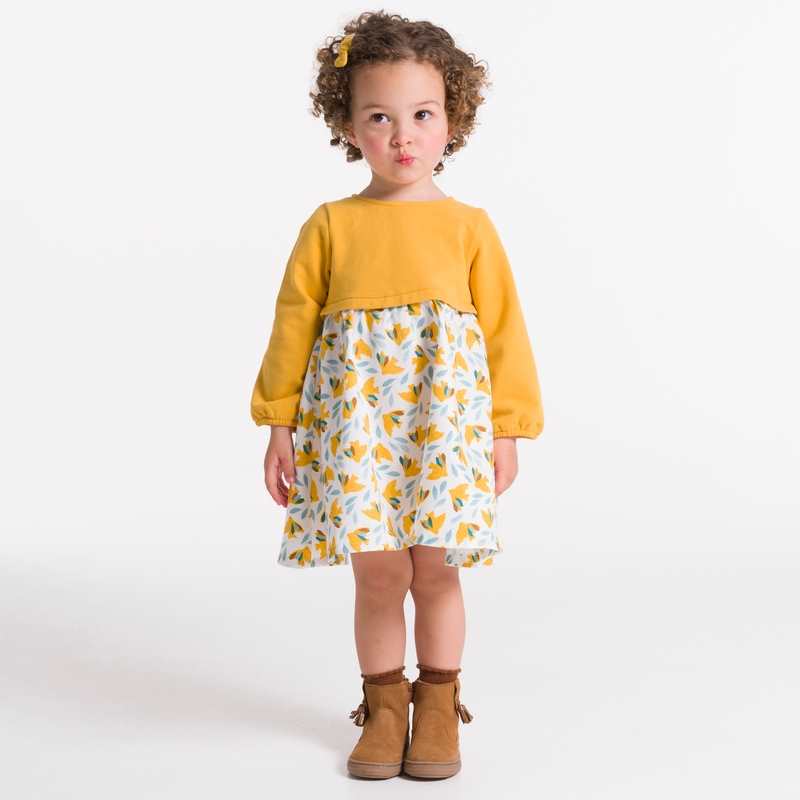 Robe bi-matière imprimée oiseaux jaune bébé fille