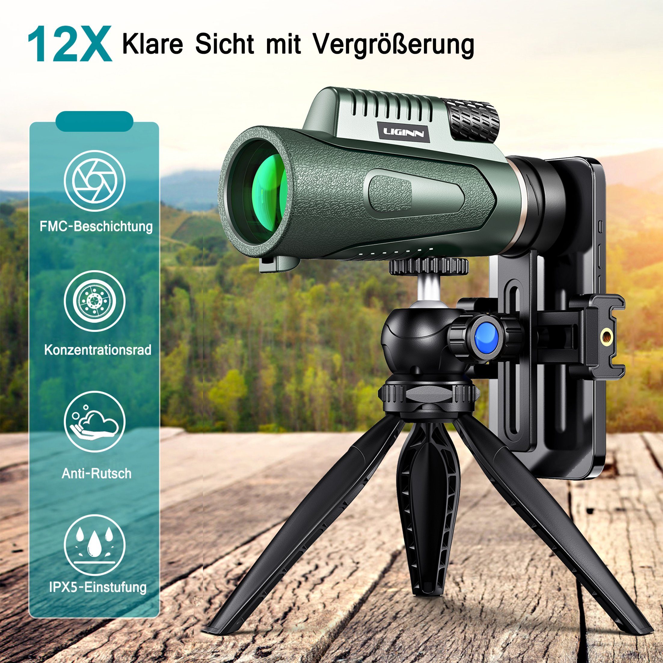 KINSI Outdoor Monokular,HD-Teleskop,mit Stativ + Handy-Clip,12x50 Fernrohr (12fache Vergrößerung für Vogelbeobachtung/Sportspiele/Jagd/Reisen)