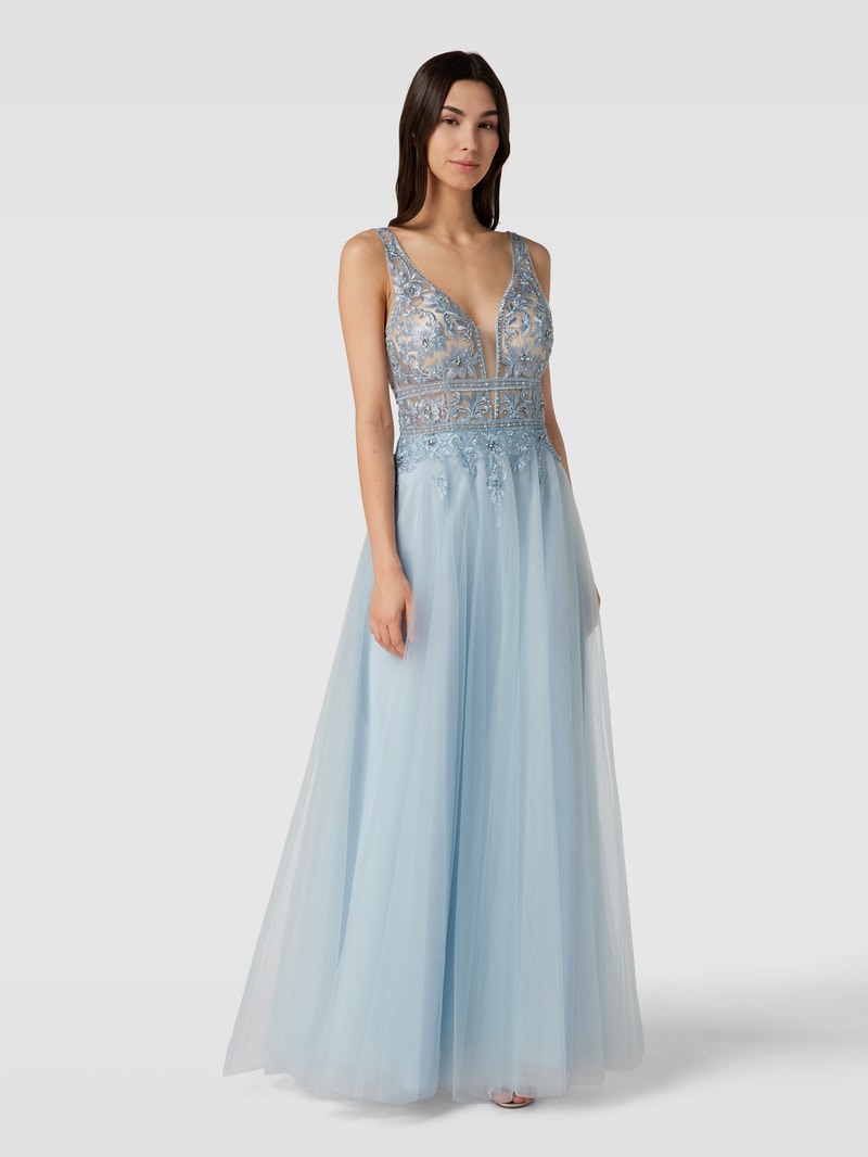 Abendkleid mit floraler Spitze in hellblau