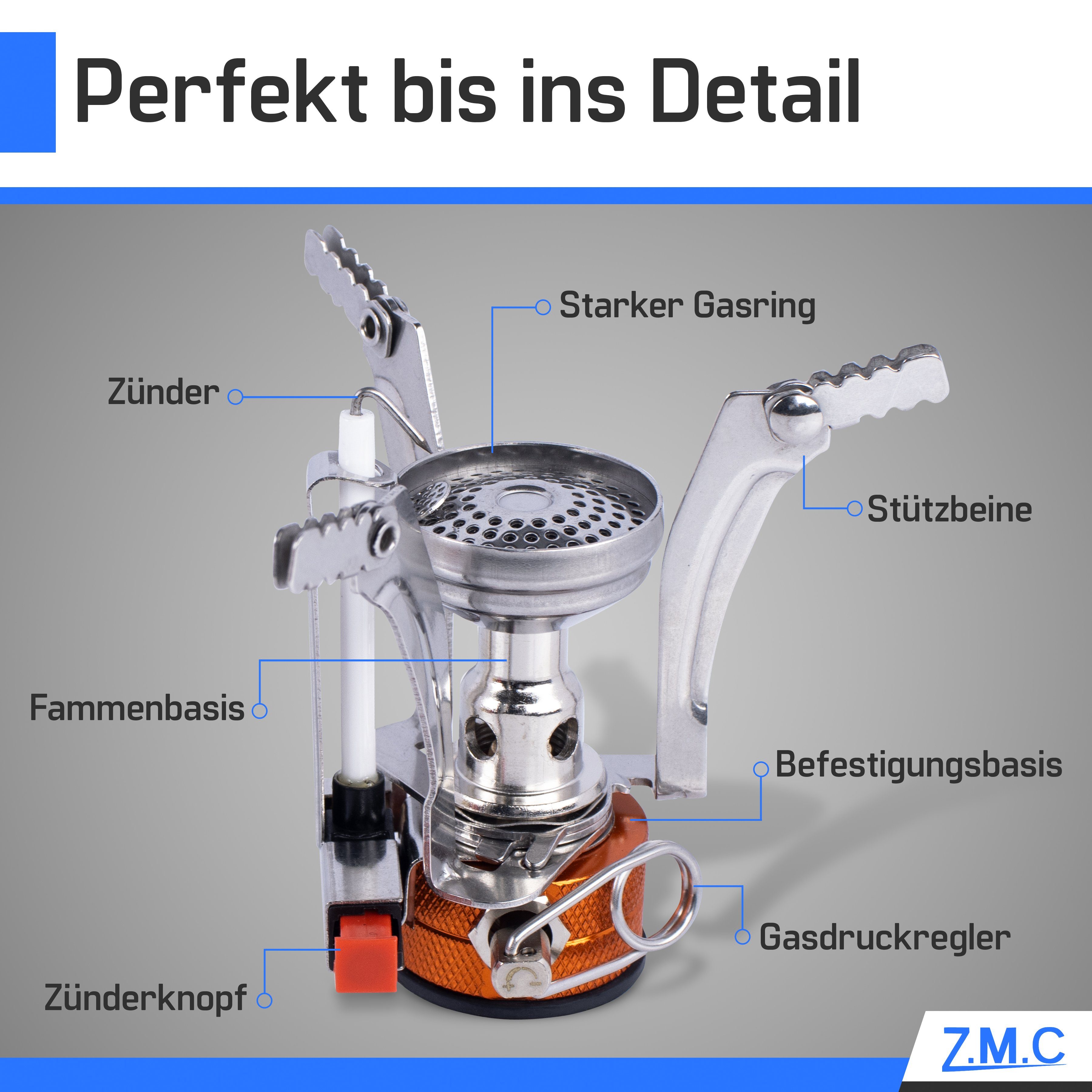 ZMC Gaskocher Mini Outdoor Campingkocher 3200W, (Butan Gas Kartusche Piezozündung Kochfeld), Camping Gas Kocher Stove Herd Kartuschenkocher Faltbar Butangas
