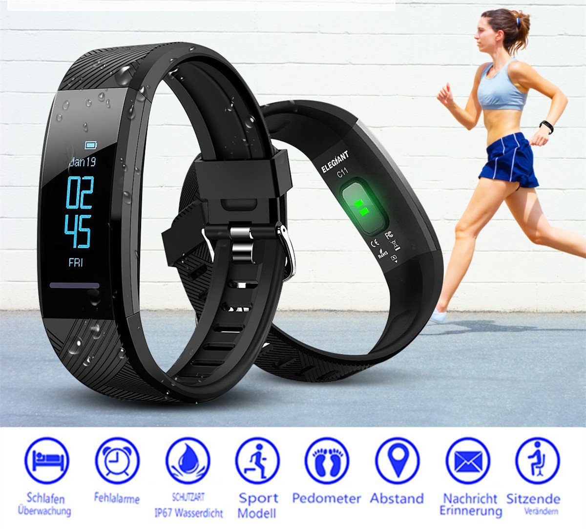 Insma Fitness-Tracker, Smart Armband IP67 Herzfrequenz Armbanduhr