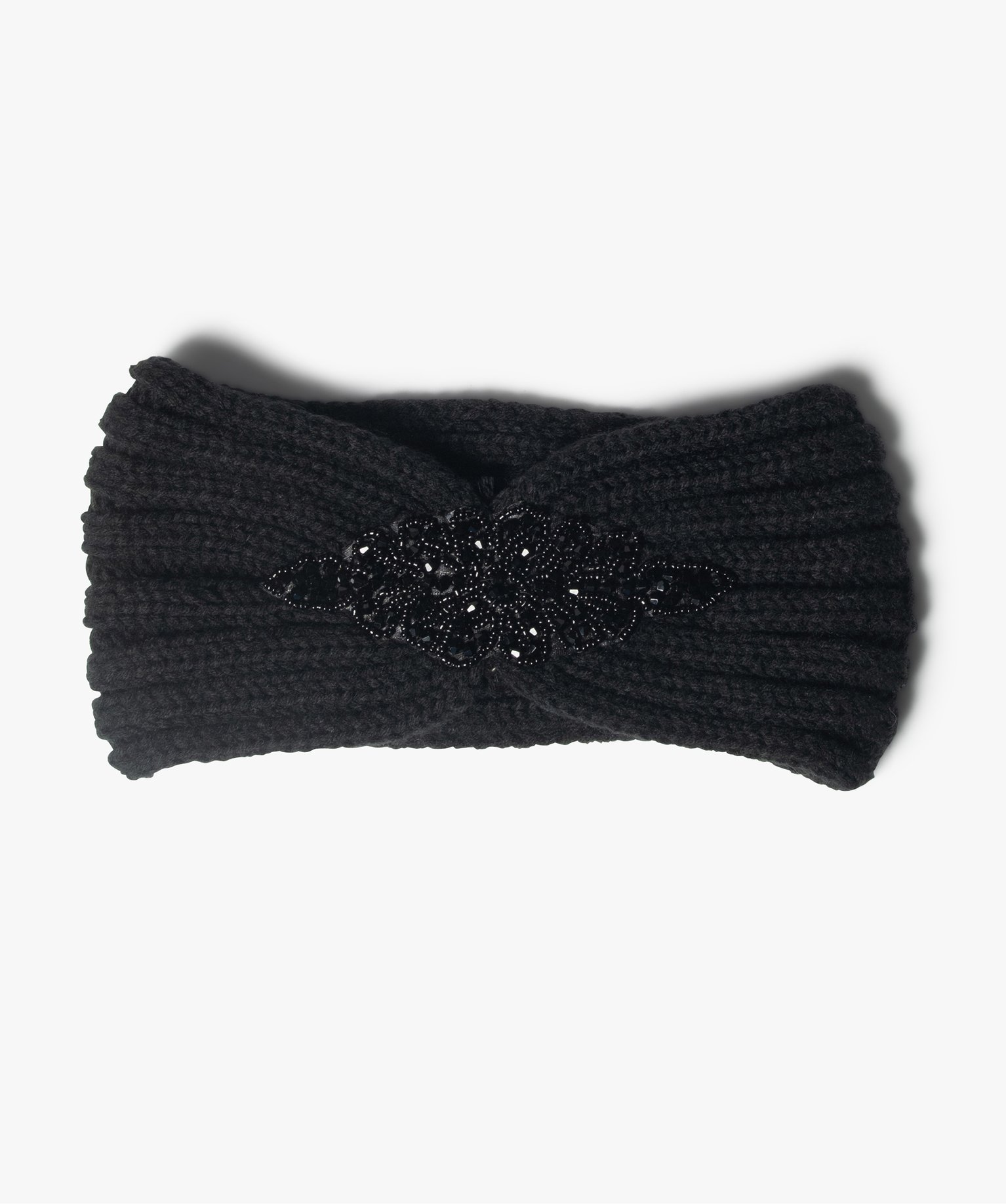 Bandeau femme cache-oreilles avec perles brodées noir | GEMO