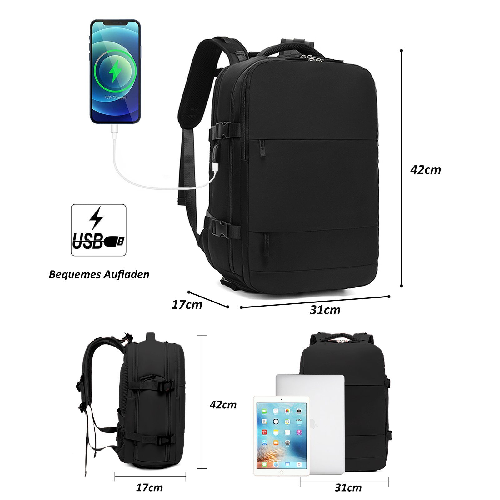 TAN.TOMI Reiserucksack Reiserucksack 45L, Handgepäck Rucksack, Lässiger Tagesrucksack, Wasserdichter Reiserucksack mit USB Ladeanschluss Schuhfach