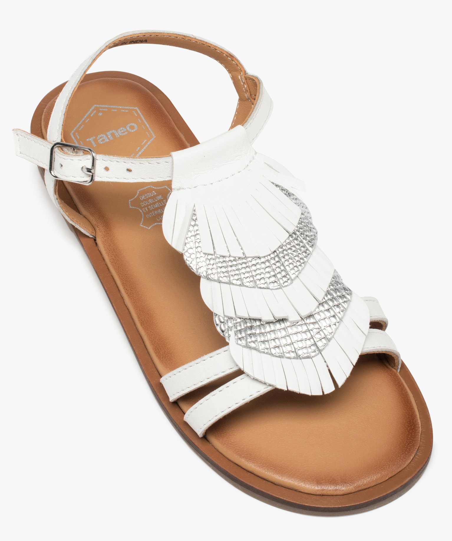 Sandales fille dessus cuir à franges métallisées – Tanéo blanc | GEMO