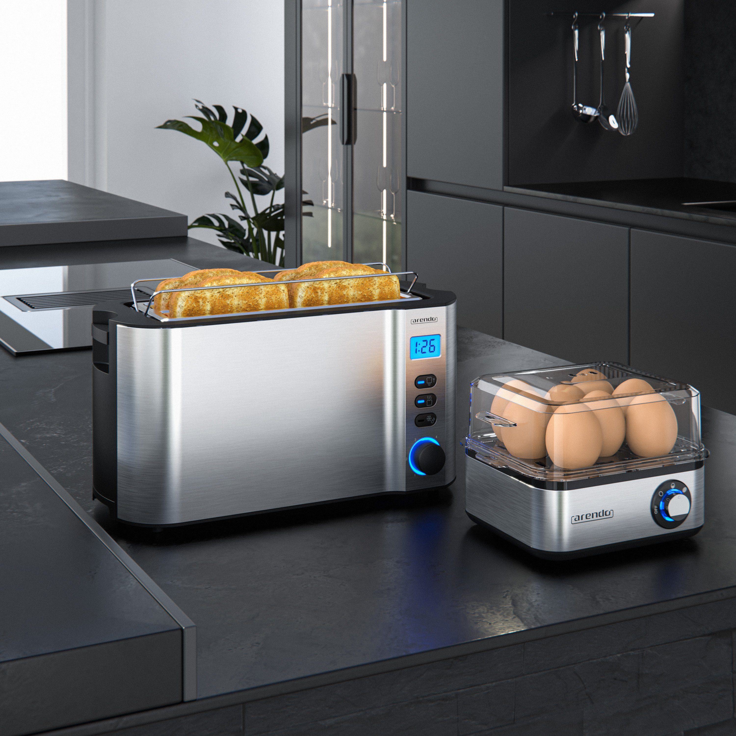 Arendo Frühstücks-Set (2-tlg), 4-Scheiben Langschlitz Toaster, 8er Eierkocher, Silber