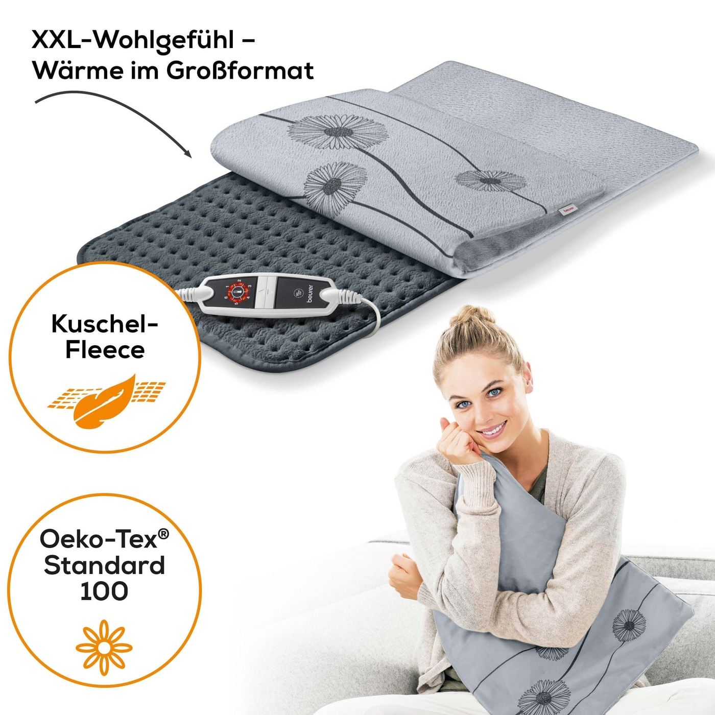 Beurer XXL Heizkissen HK 125 Cosy Grey-Flauschiges XXL Heizkissen mit abnehmbaren Bezug & 6 Wärmestufen