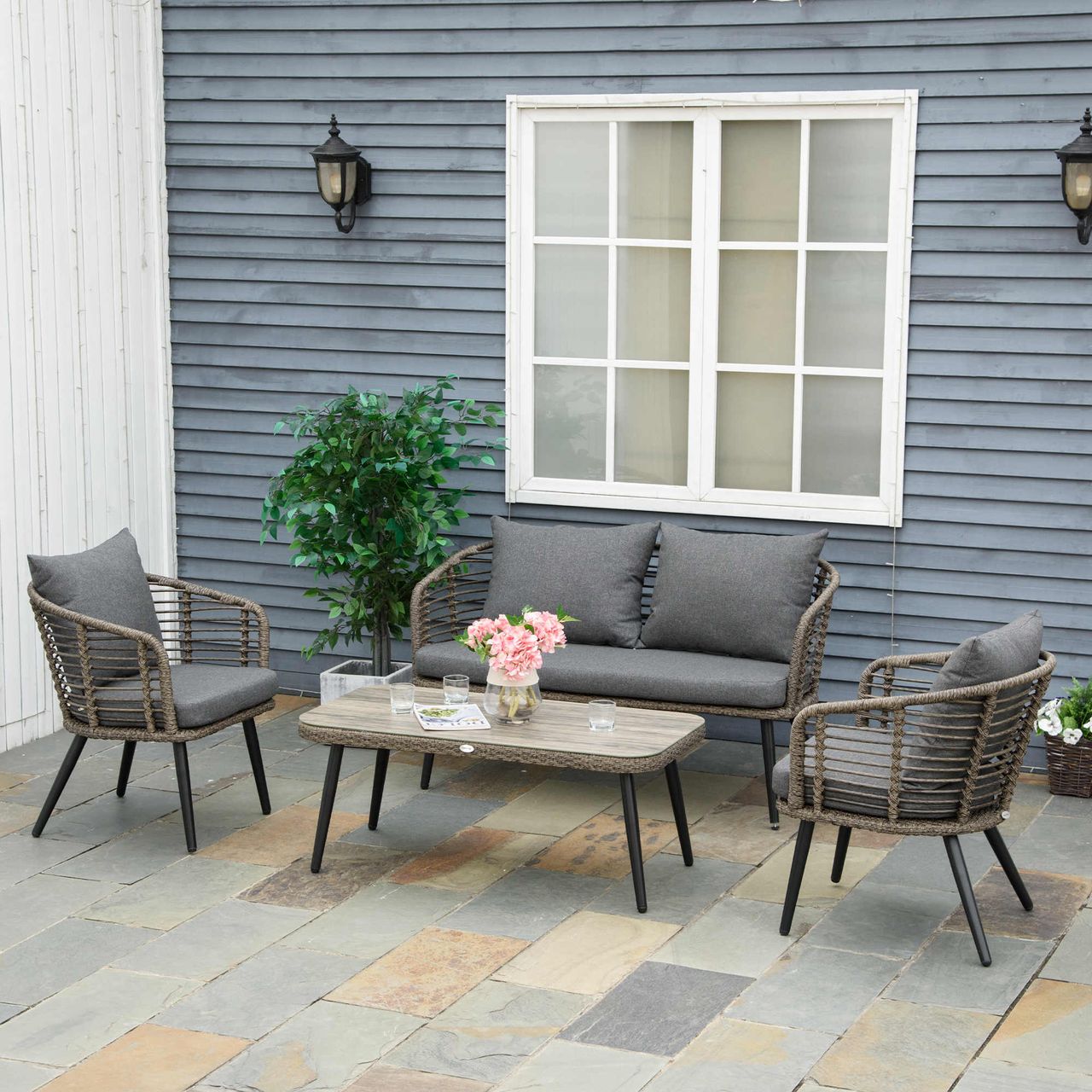 Outsunny Polyrattan Gartenmöbel Set 4-teiliges Rattensofa-Set Sitzgruppe Sitzgarnitur für Pause Lounge Teetisch mit Sofa Kissen Stahl Braun Grau