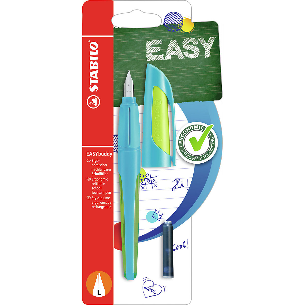Schulfüller EASYbuddy L-Feder Linkshänder FRESH EDITION hellblau/limette, inkl. Patrone