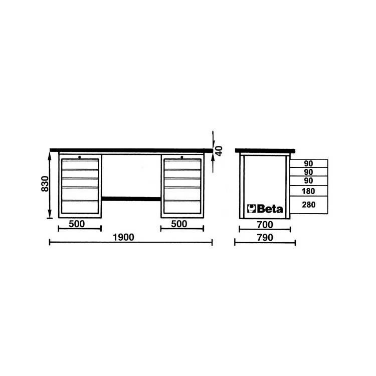 Beta 057001204 Mastercargo Workbench with 5 drawers - grey