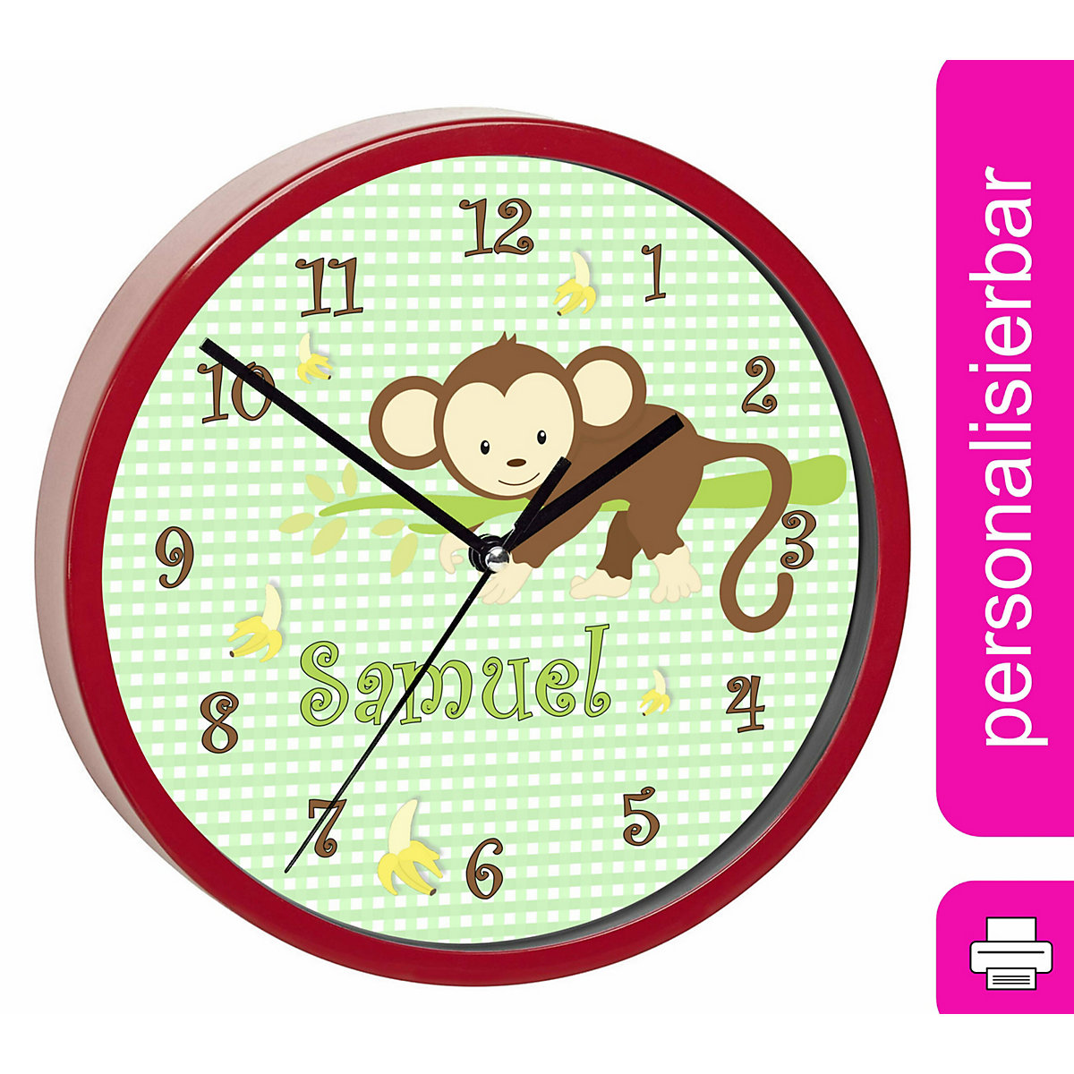 Kinder Wanduhr personalisiert mit Name Affe hängend Grün