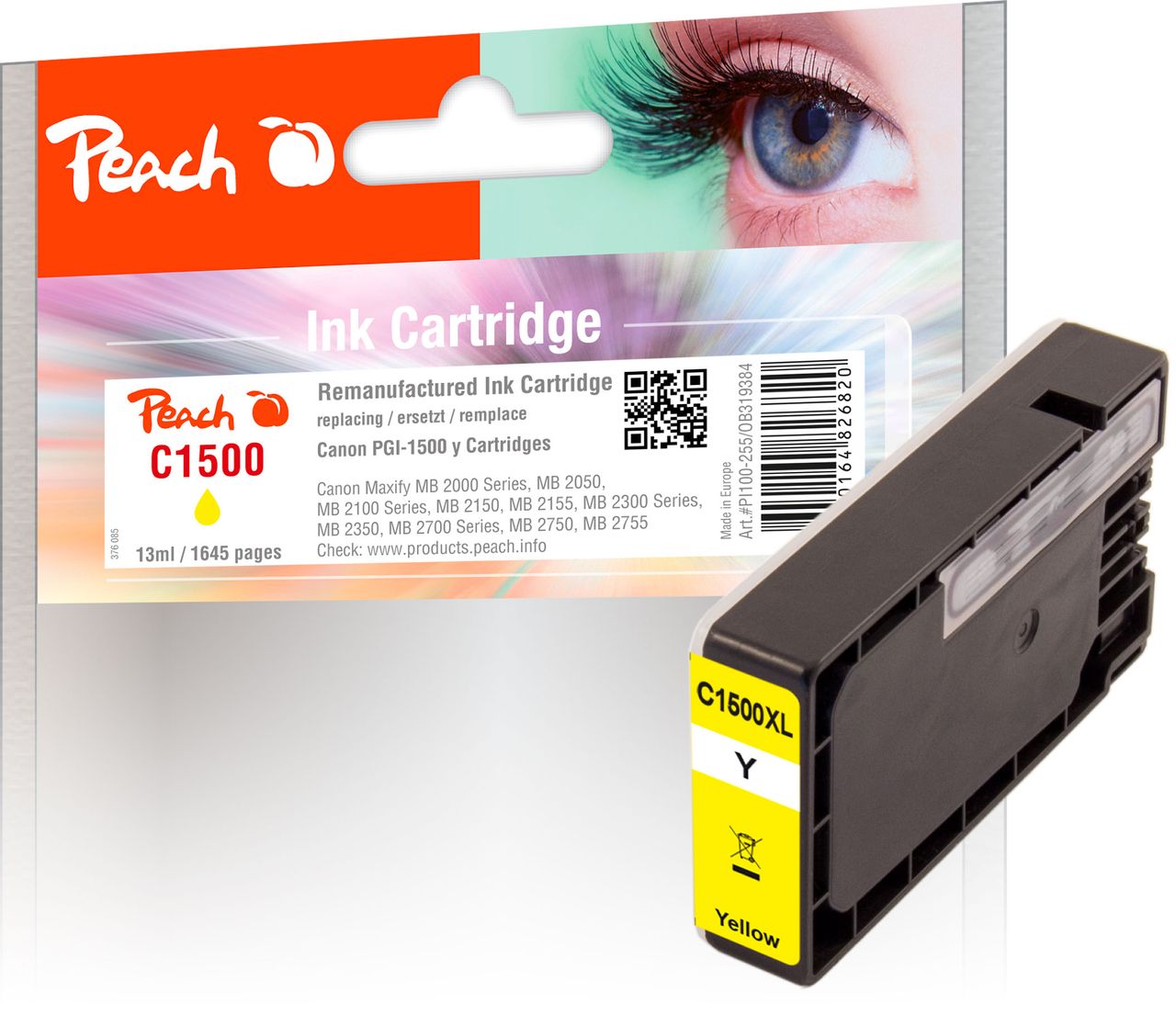Peach Tintenpatrone gelb ersetzt Canon PGI-1500XLY