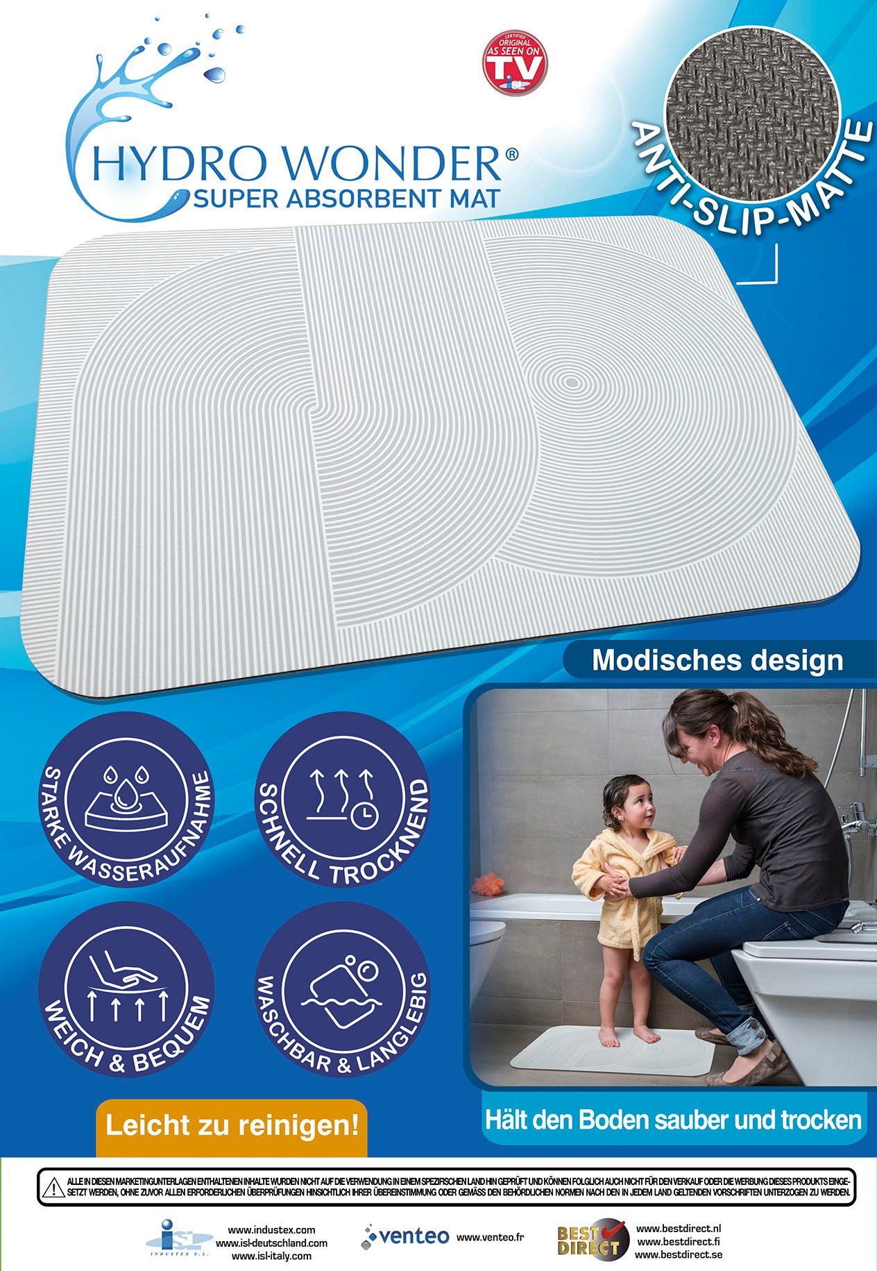 Badematte Hydrowonder Super Absorbent Mat Best Direct®, Höhe 5 mm, rutschhemmend, schnell trocknend, strapazierfähig, fußbodenheizungsgeeignet, rutschfest, saugfähig, Polyester, Gummi, rechteckig, Duschmatte & Badematte, super saugfähig, Rutschfest,