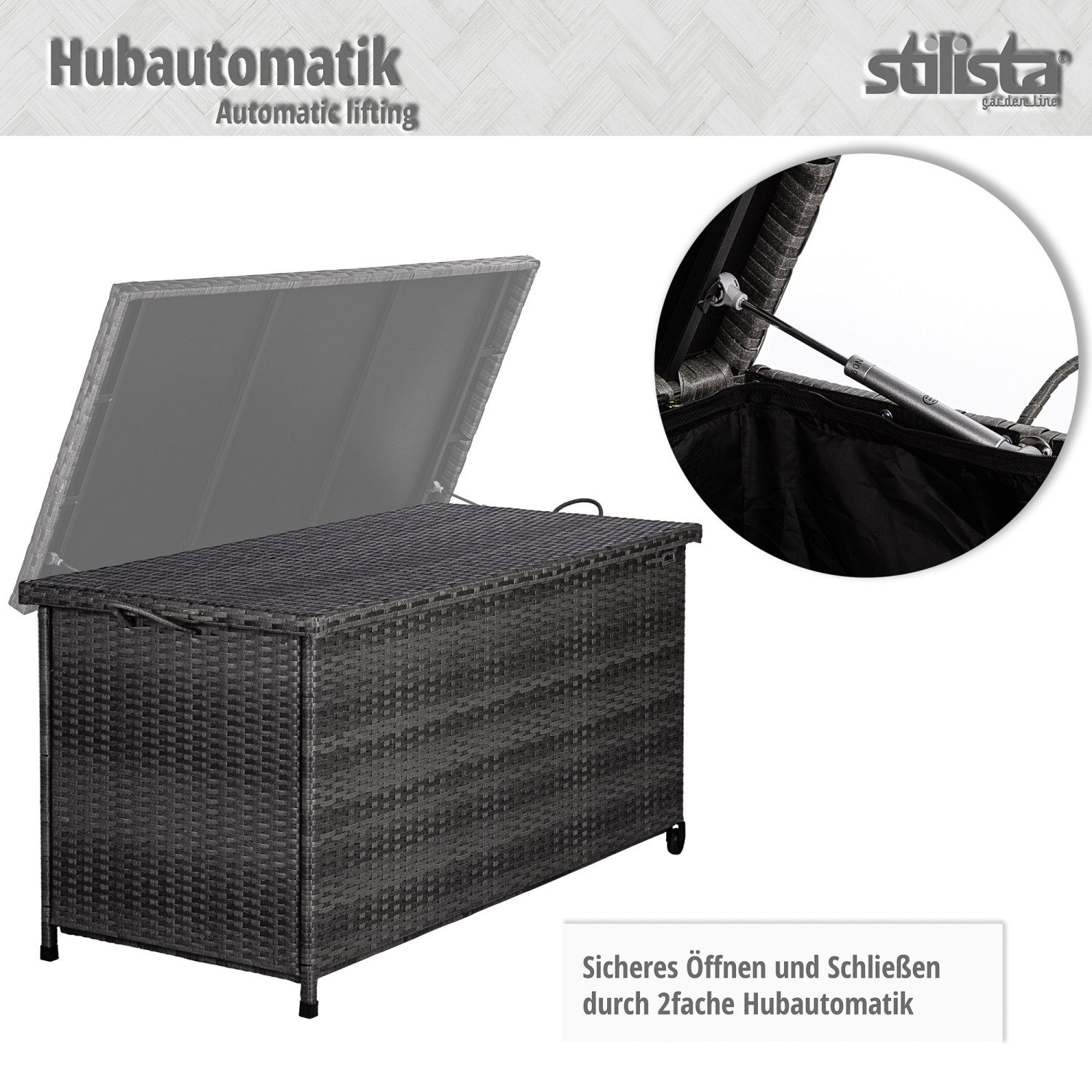 STILISTA Gartenbox Polyrattan Gartenbox Gartentruhe Aufbewahrungsbox, Deckel mit Hubautomatik, Innenplane, Räder und Tragegriffe, Farbwahl